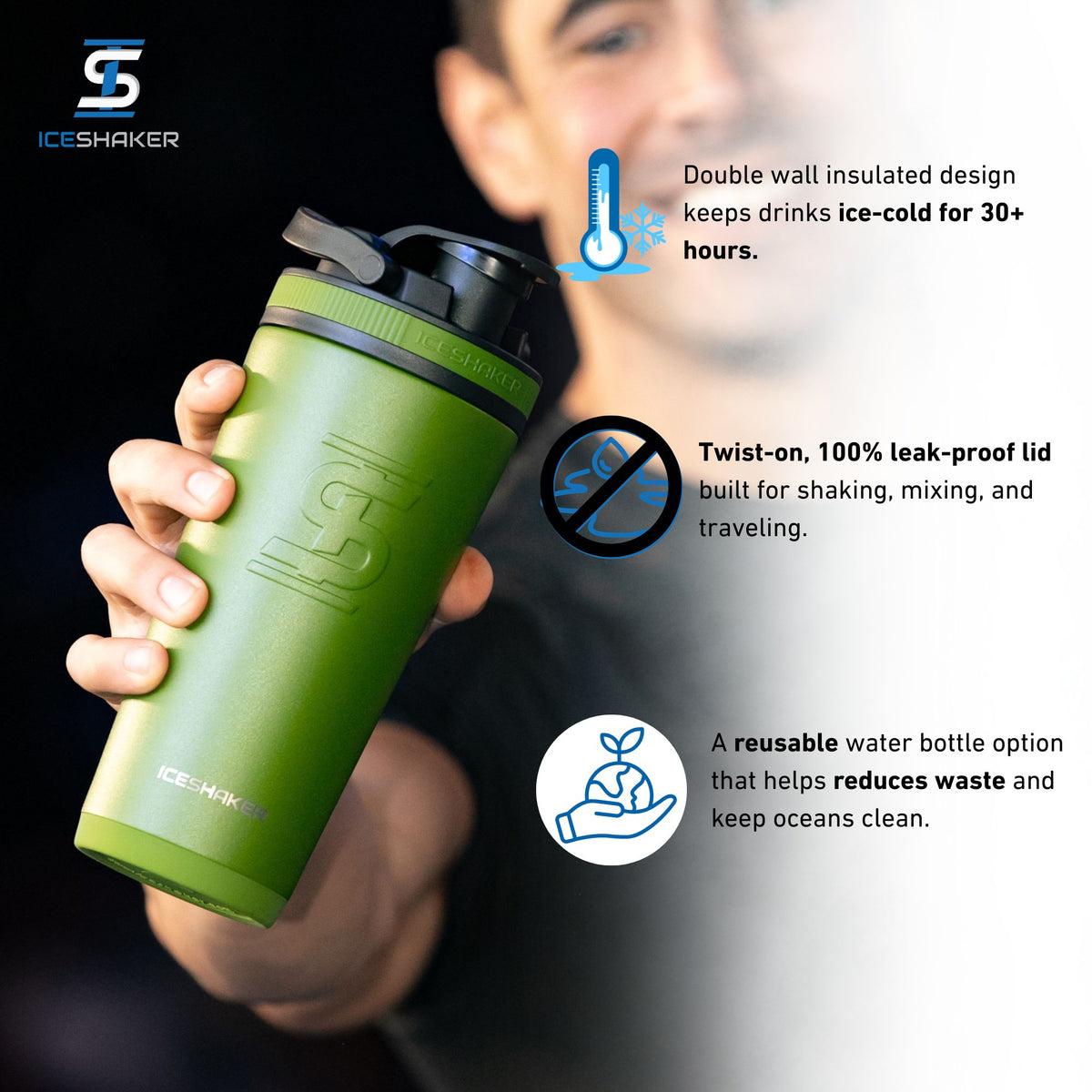 Person holding a Green 26oz Ice Shaker with features listed out next to it. The features include the double-wall insulated design that keeps drinks ice-cold for 30+ hours, the twist-on leak-proof lid built for shaking, mixing, and traveling, and it being a eco-friendly, reusable water bottle option that helps reduce plastic pollution.