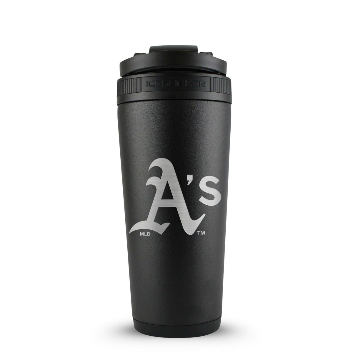 Black 26oz Ice Shaker with the Oakland Athletics logo engraved on the back of it.