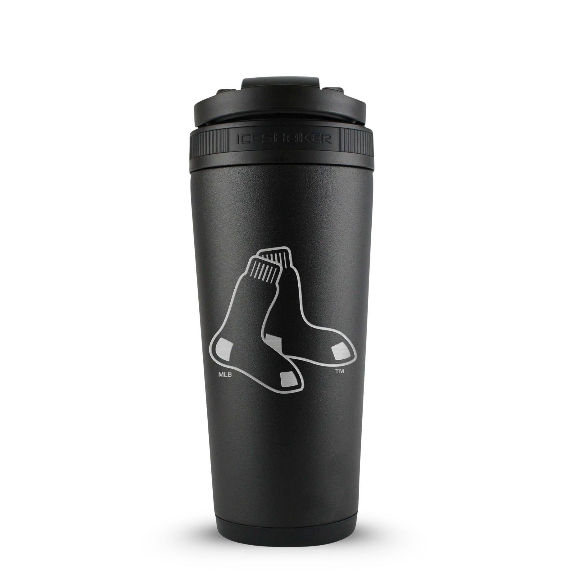 Black 26oz Ice Shaker with the Boston Red Sox logo engraved on the back of it.