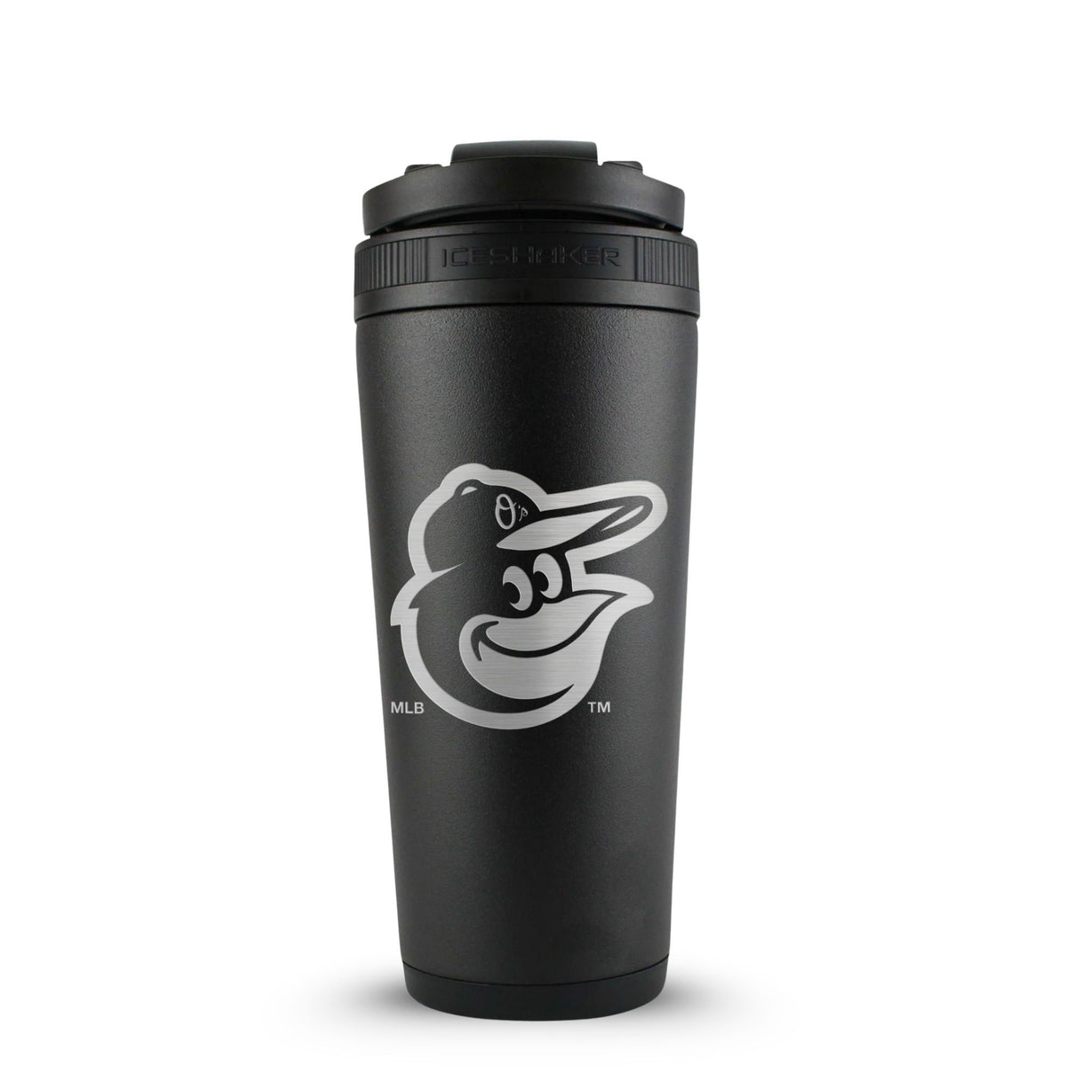 Black 26oz Ice Shaker with the Baltimore Orioles logo engraved on the back of it.