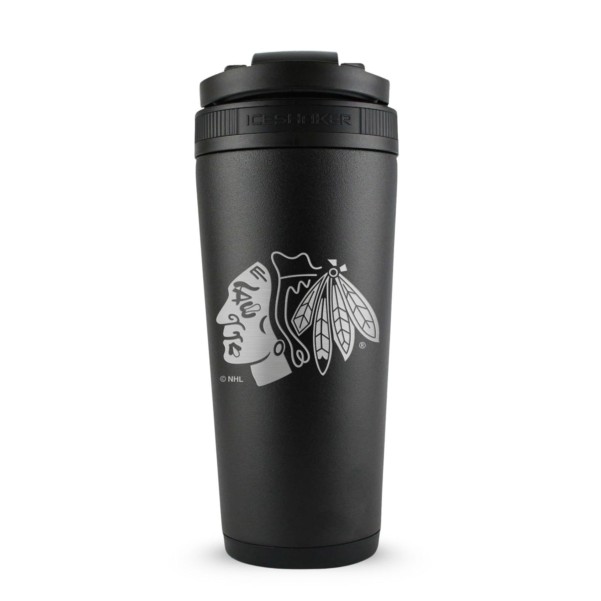 Black 26oz Ice Shaker with the Chicago Blackhawks logo engraved on the back of it.