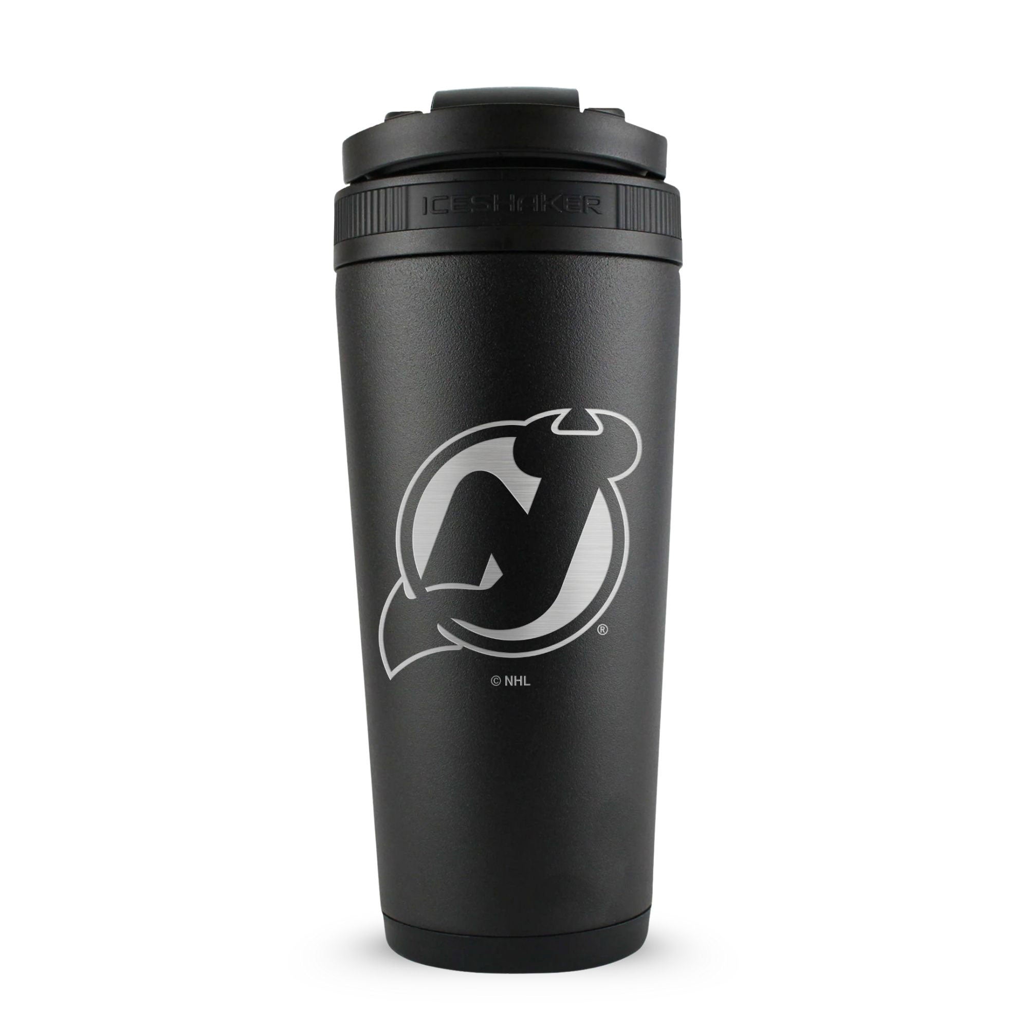 Black 26oz Ice Shaker with the New Jersey Devils logo engraved on the back of it.