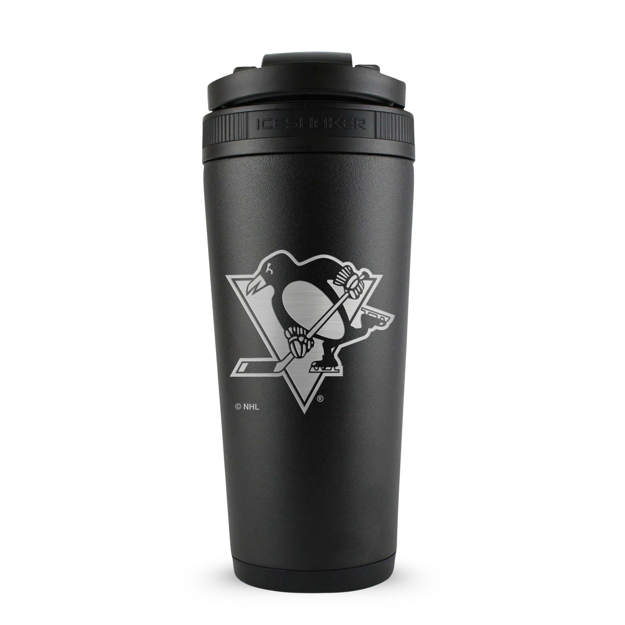 Black 26oz Ice Shaker with the Pittsburgh Penguins logo engraved on the back of it.