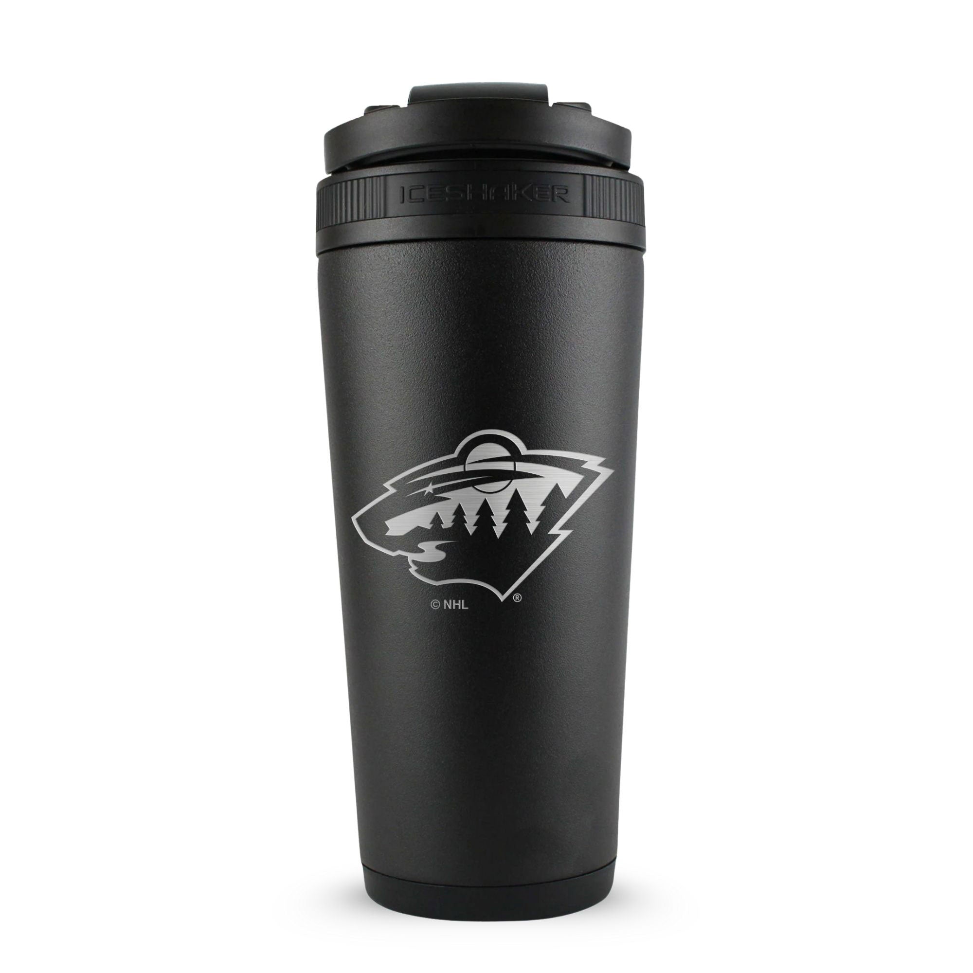 Black 26oz Ice Shaker with the Minnesota Wild logo engraved on the back of it.