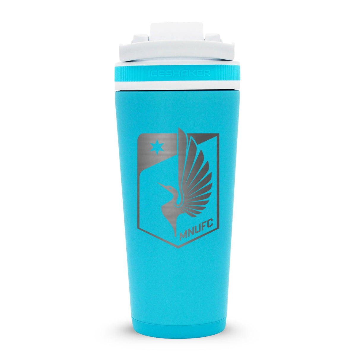 Caribbean Blue 26oz Ice shaker with the Minnesota United FC Logo engraved on the back of it.
