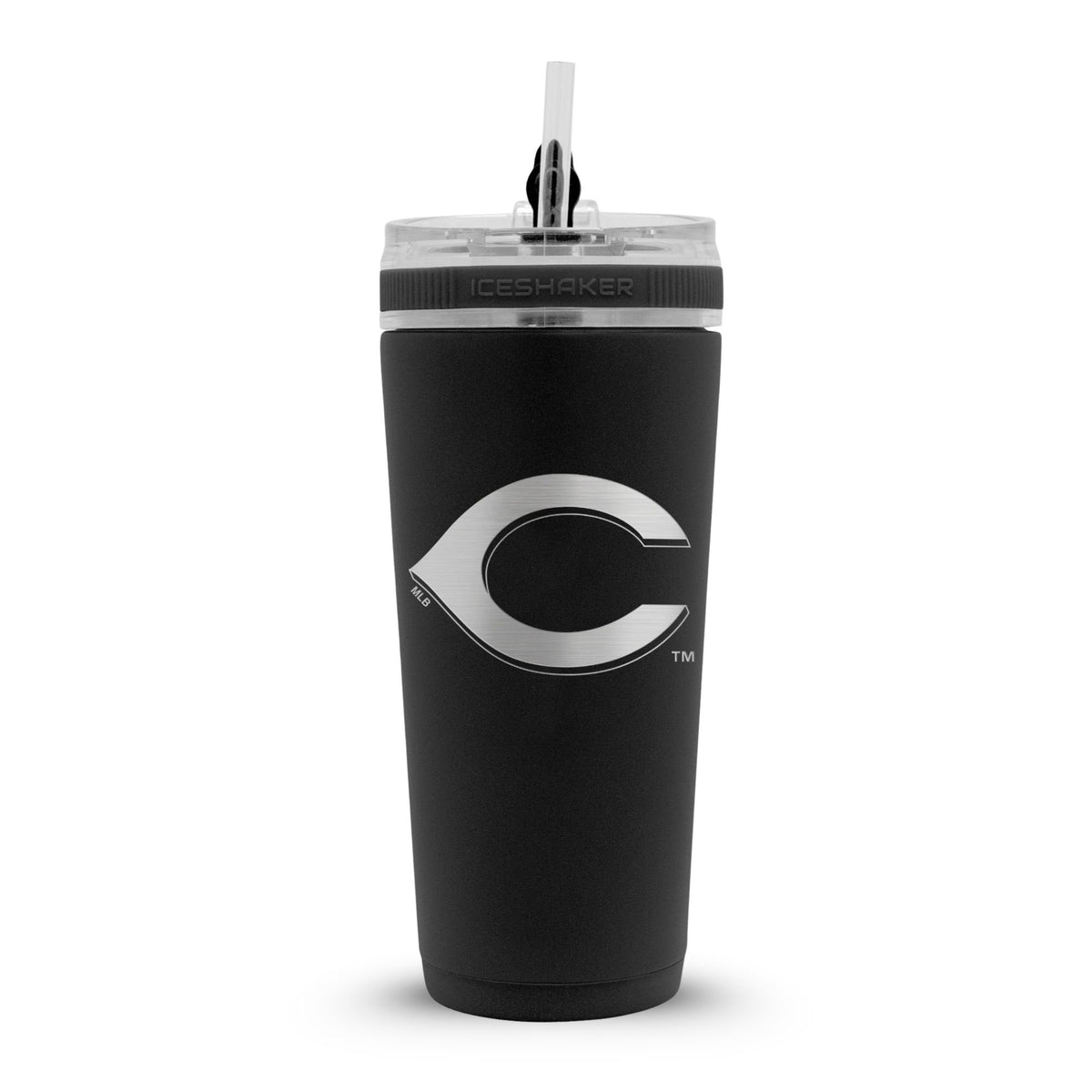 Black 26oz Flex Bottle with straw with the Cincinnati Reds logo engraved on the back of it.