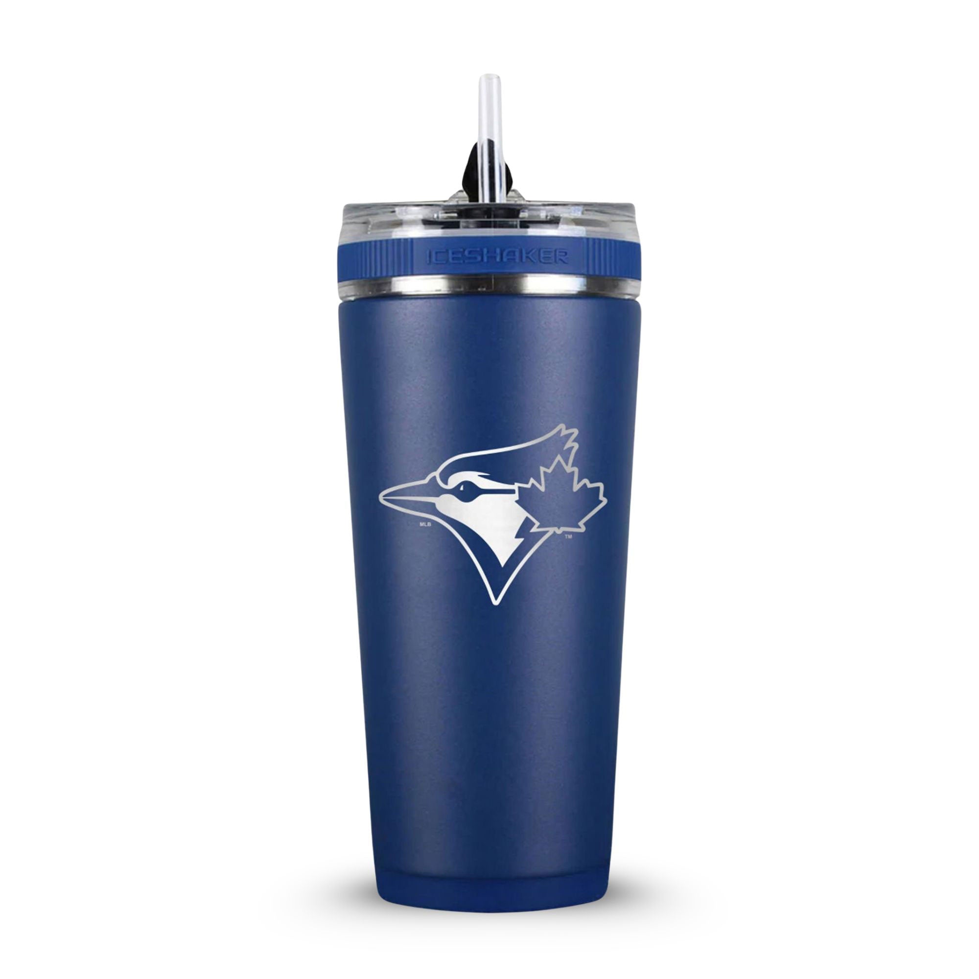 Navy 26oz Flex Bottle with Straw with the Toronto Blue Jays logo engraved on the back of it.