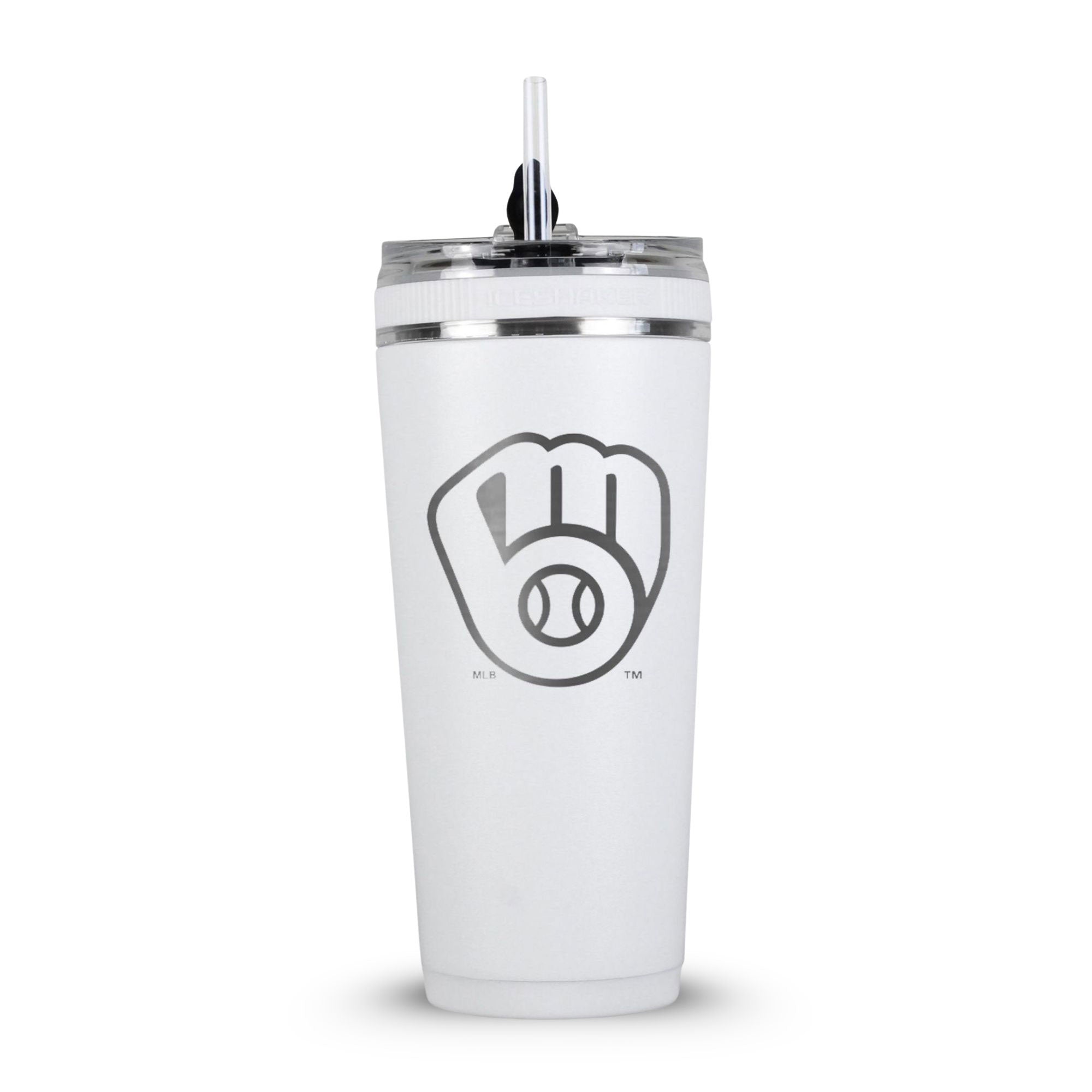 White 26oz Flex Bottle with Straw with the Milwaukee Brewers logo engraved on the back of it.