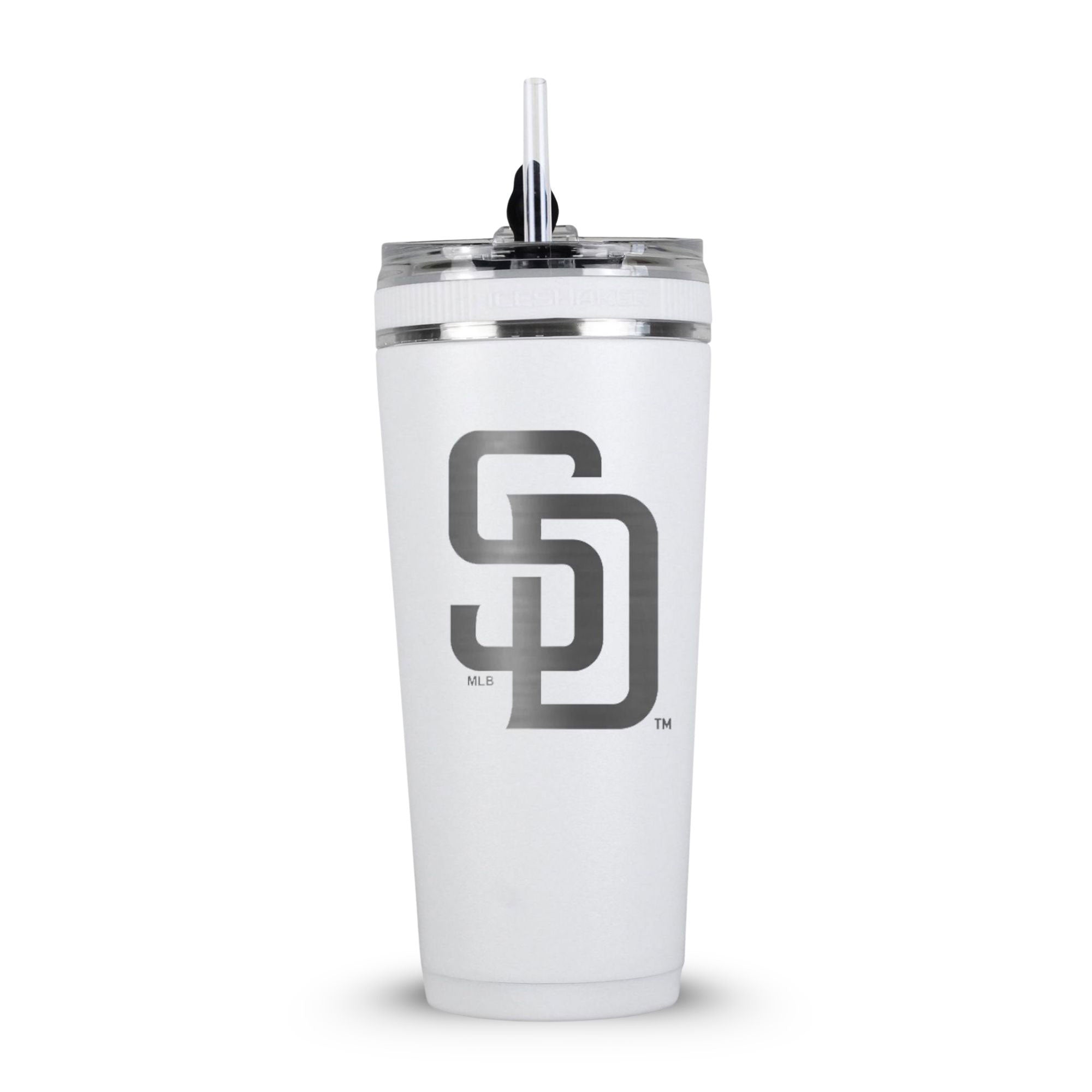 White 26oz Flex Bottle with Straw with the San Diego Padres logo engraved on the back of it.