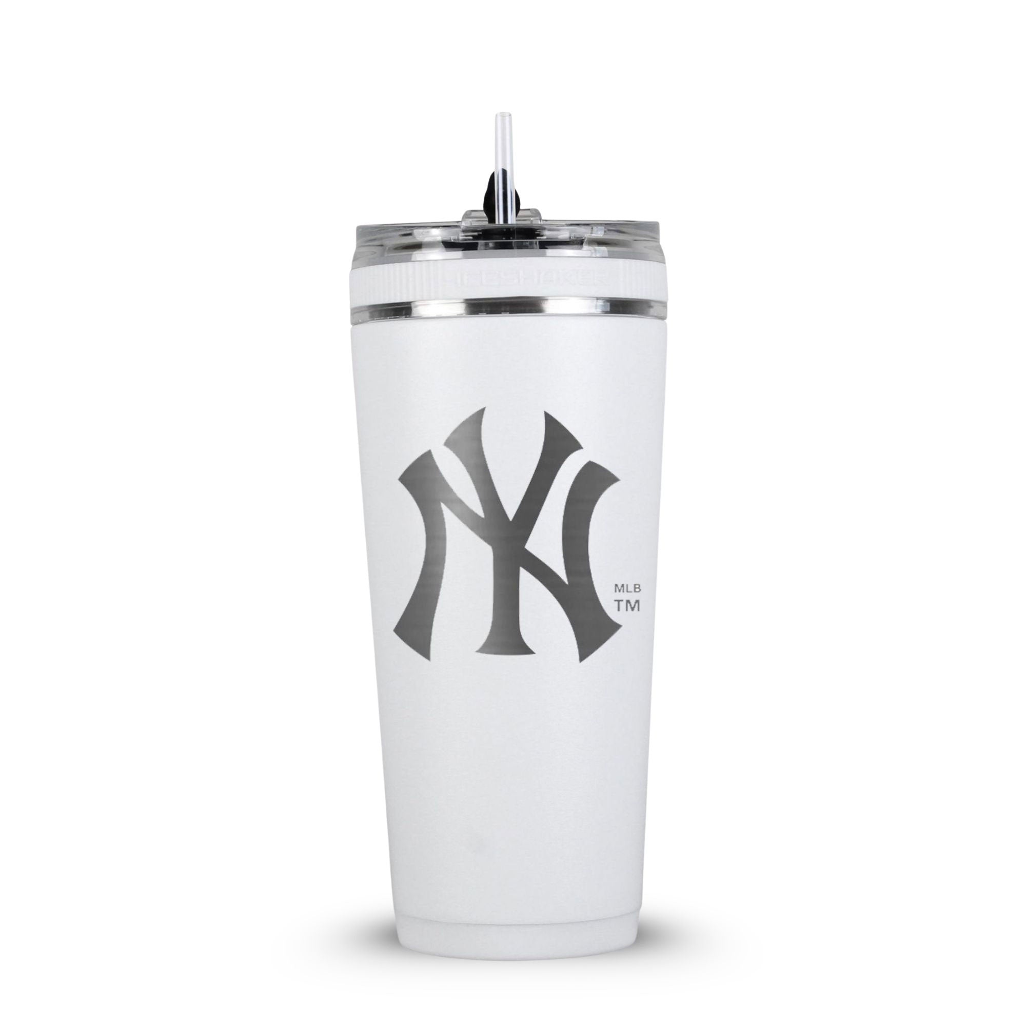 White 26oz Flex Bottle with Straw with the New York Yankees logo engraved on the back of it.