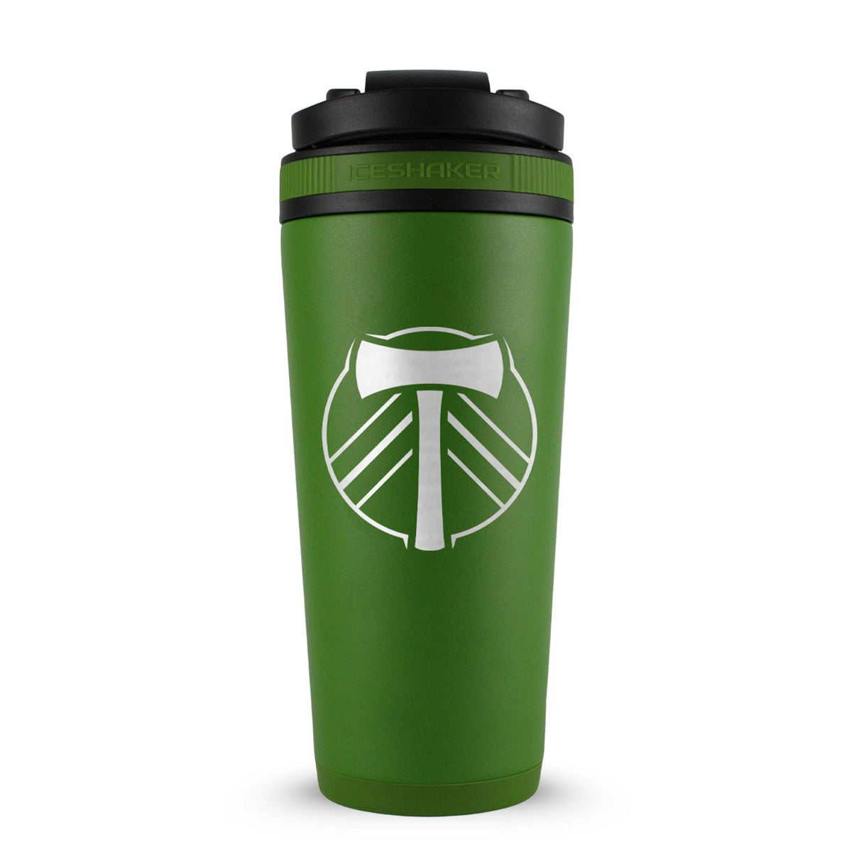 Green 26oz Ice Shaker with the Portland Timbers logo engraved on the back of it.