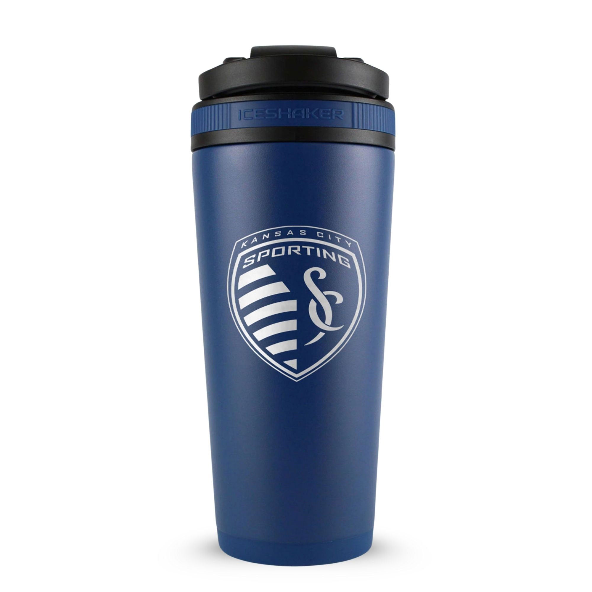 Navy 26oz Ice Shaker with the Kansas City Sporting logo engraved on the back of it.