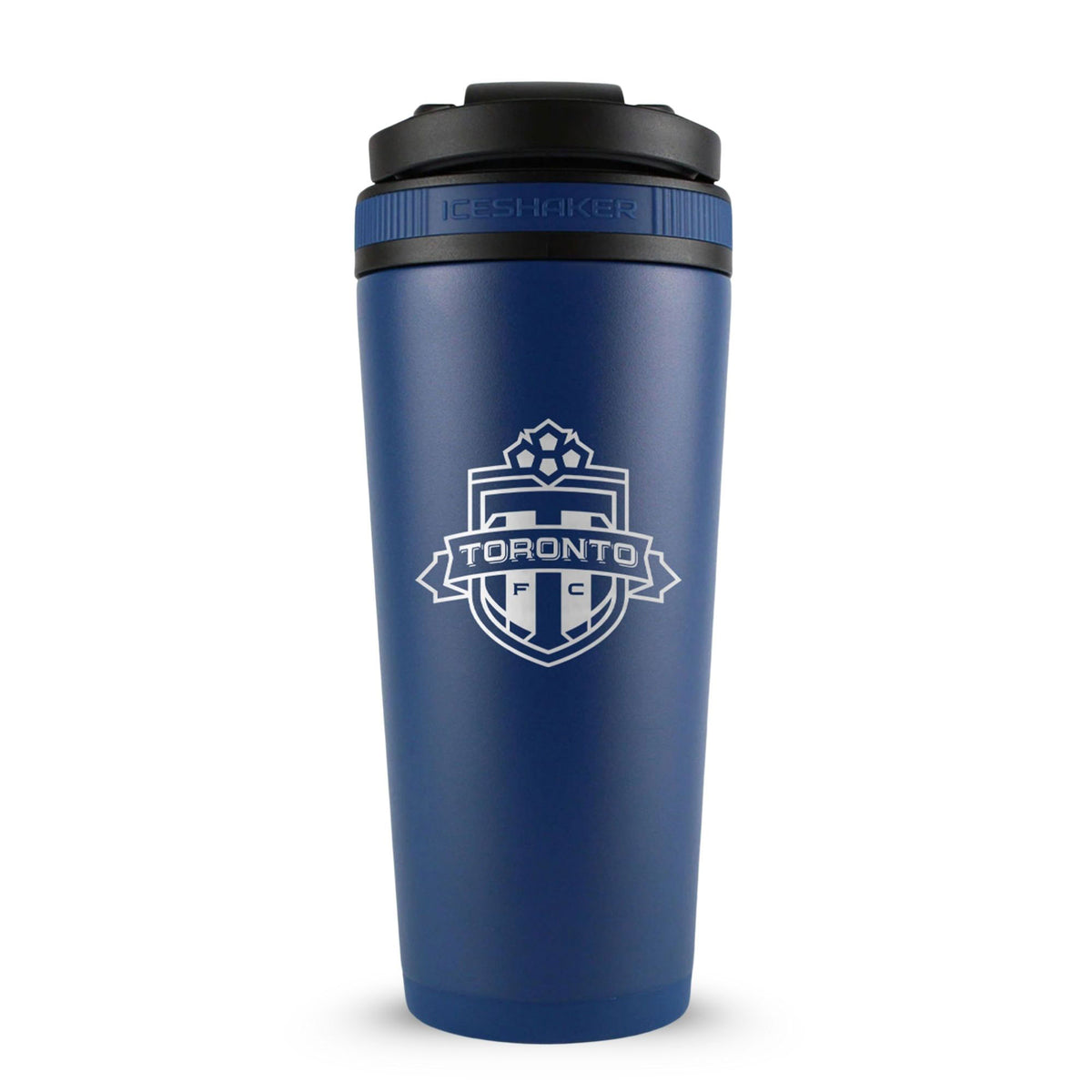 Navy 26oz Ice Shaker with the Toronto FC logo engraved on the back of it.