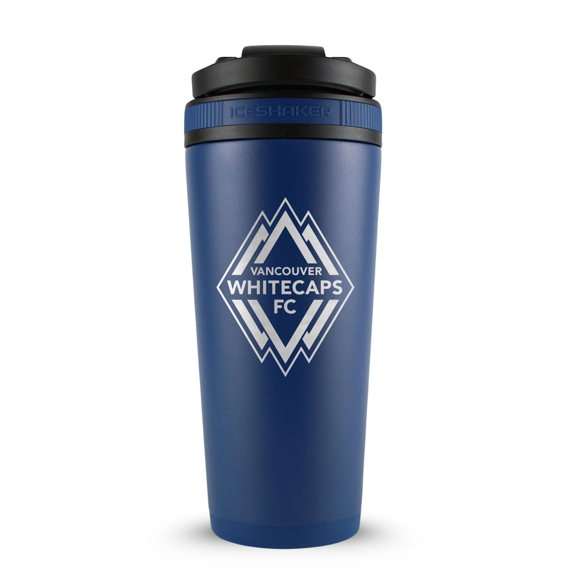 Navy 26oz Ice Shaker with the Vancouver Whitecaps FC logo engraved on the back of it.