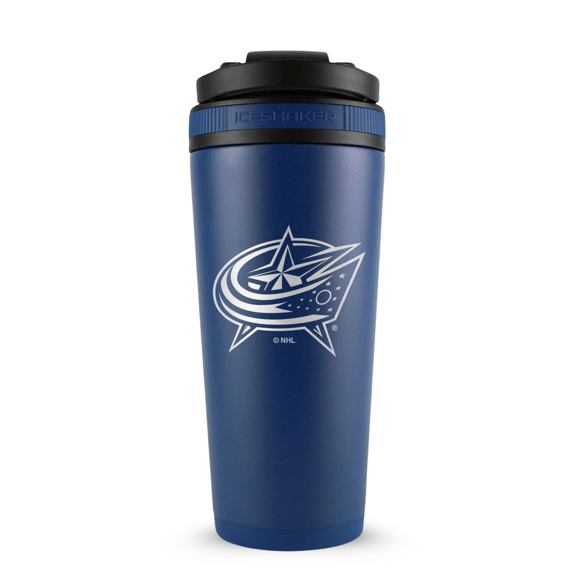 Navy 26oz Ice Shaker with the Columbus Blue Jackets logo engraved on the back of it.