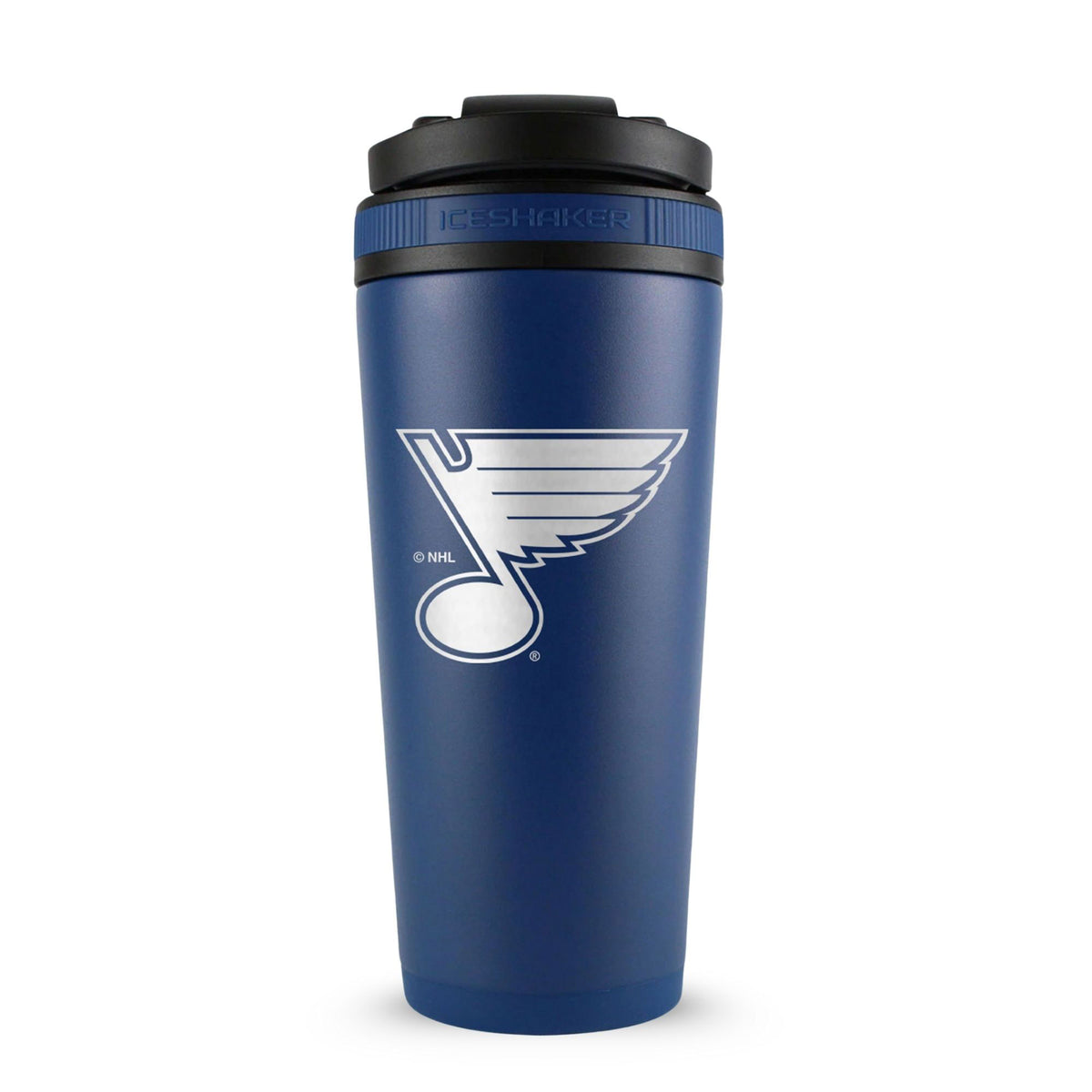 Navy 26oz Ice Shaker with the St. Louis Blues logo engraved on the back of it