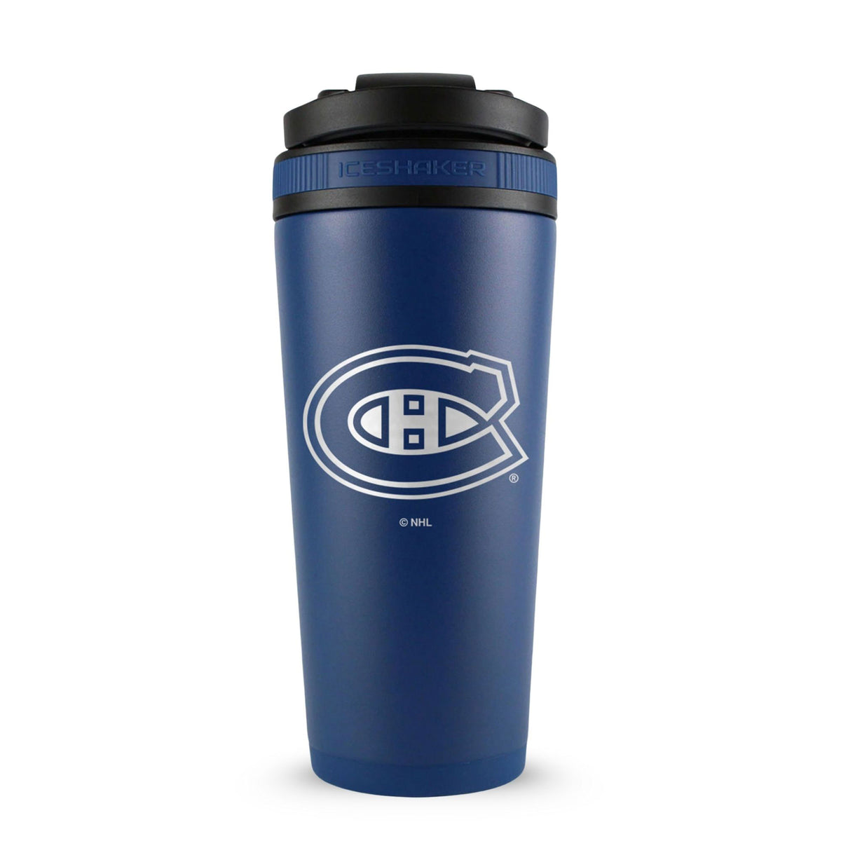Navy 26oz Ice Shaker with the Montreal Canadiens logo engraved on the back of it.