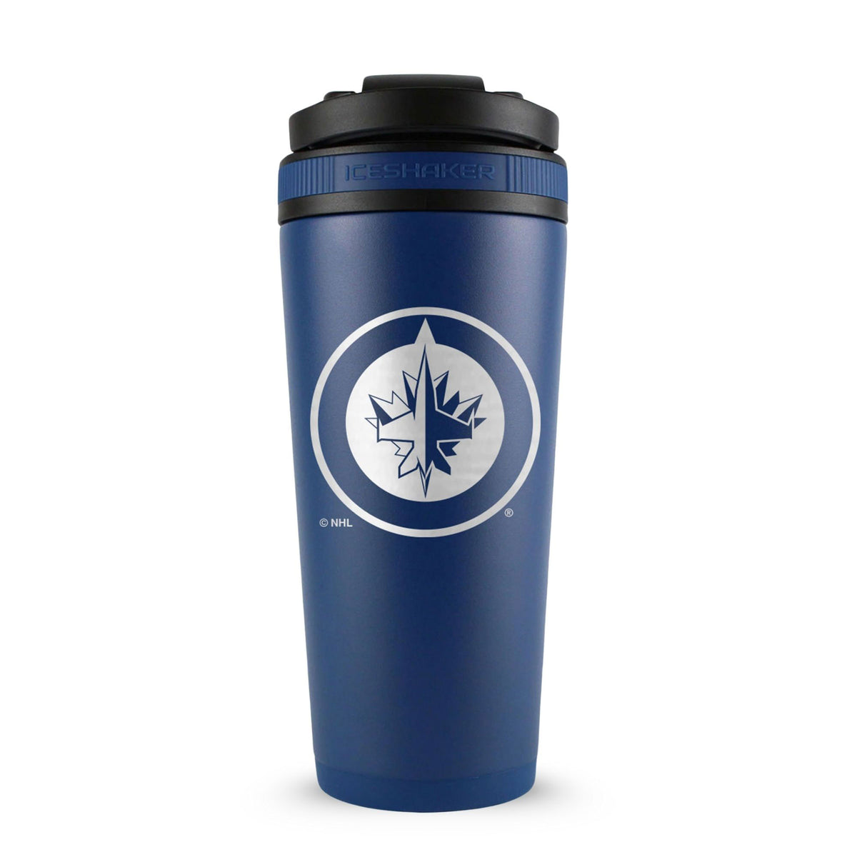 Navy 26oz Ice Shaker with the Winnipeg Jets logo engraved on the back of it.