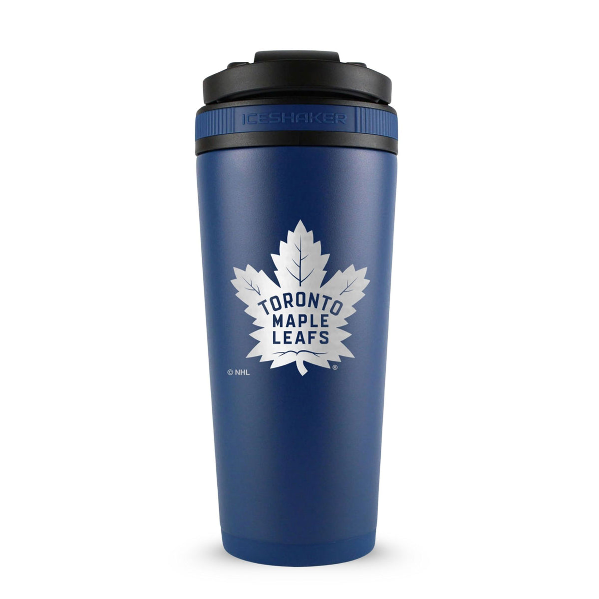 Navy 26oz Ice Shaker with the Toronto Maple Leafs logo engraved on the back of it.