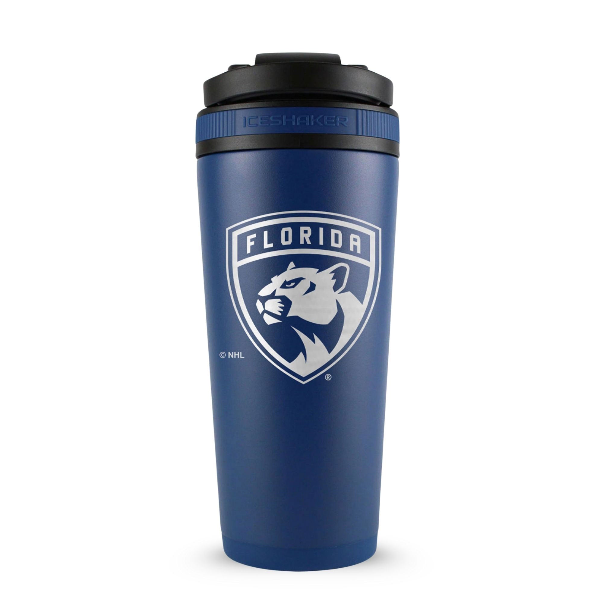 Navy 26oz Ice Shaker with the Florida Panthers logo engraved on the back of it.