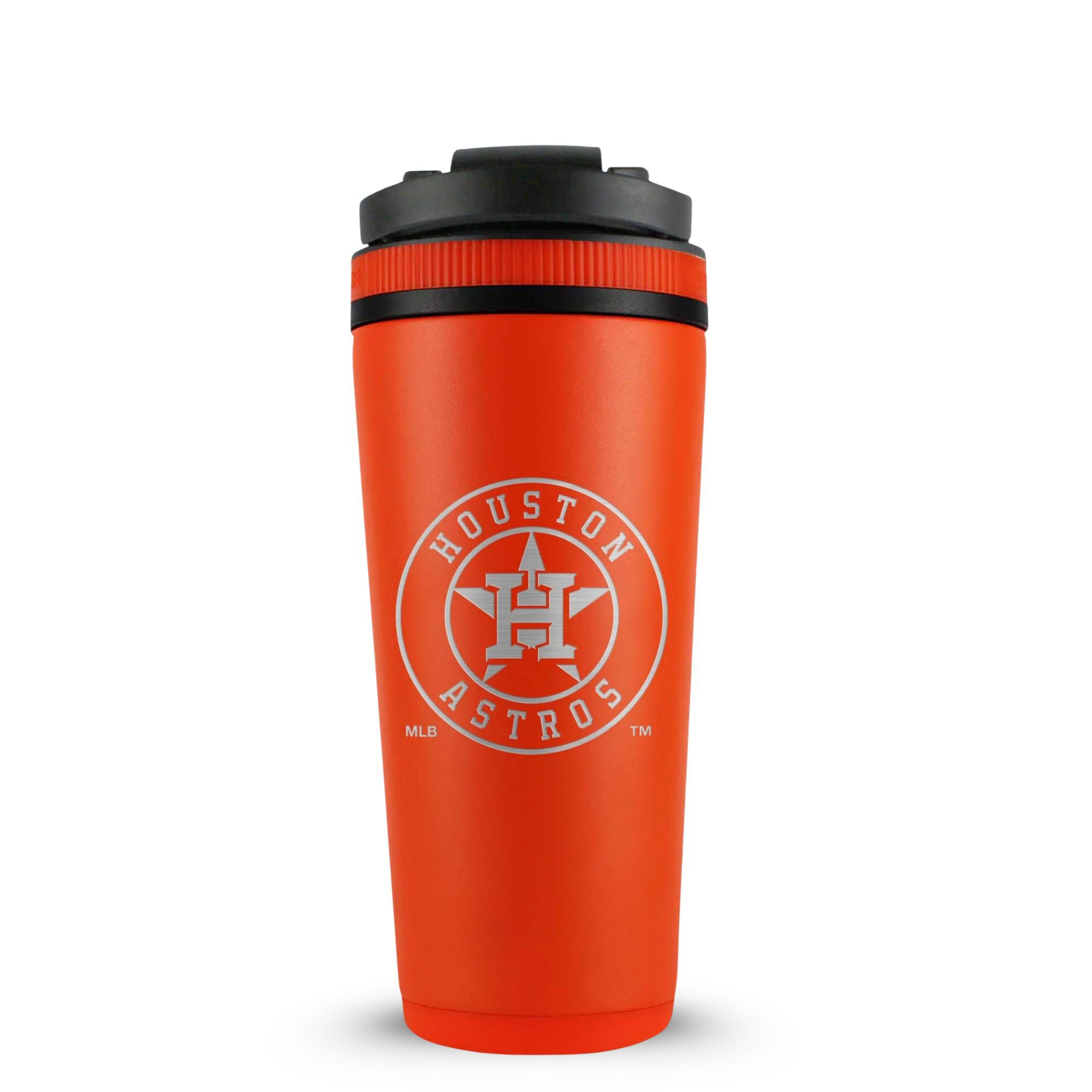 Orange 26oz Ice Shaker with the Houston Astros logo engraved on the back of it.