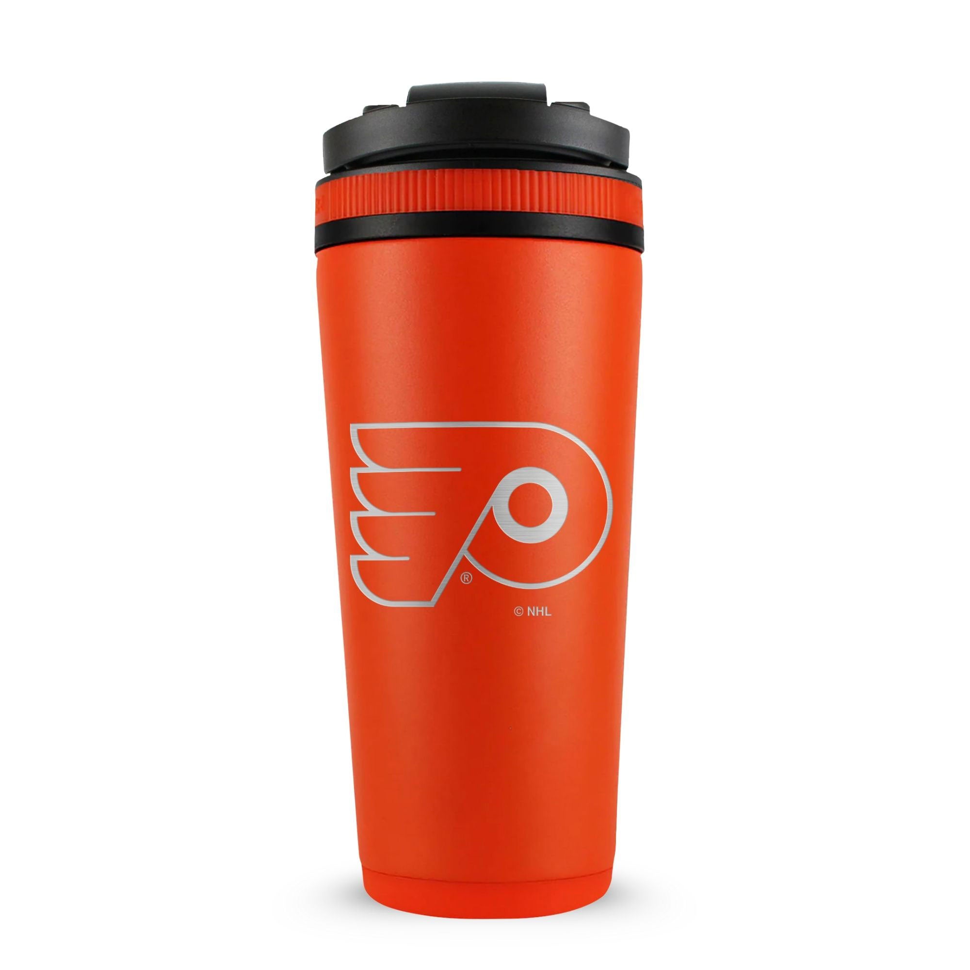 Orange 26oz Ice Shaker with the Philadelphia Flyers logo engraved on the back of it