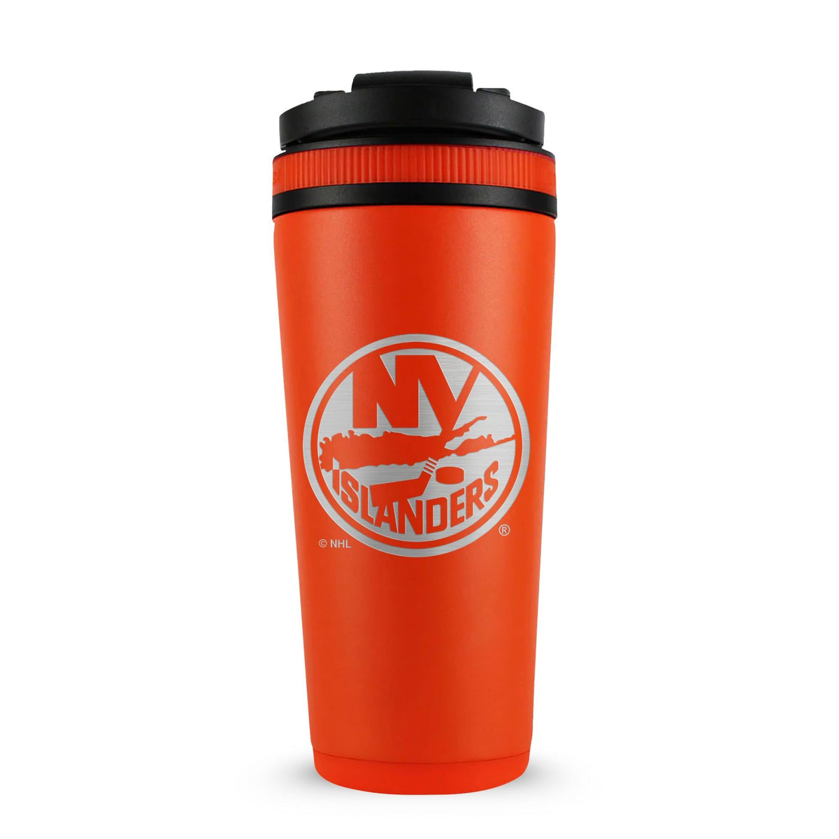 Orange 26oz Ice Shaker with the New York Islanders logo engraved on the back of it.