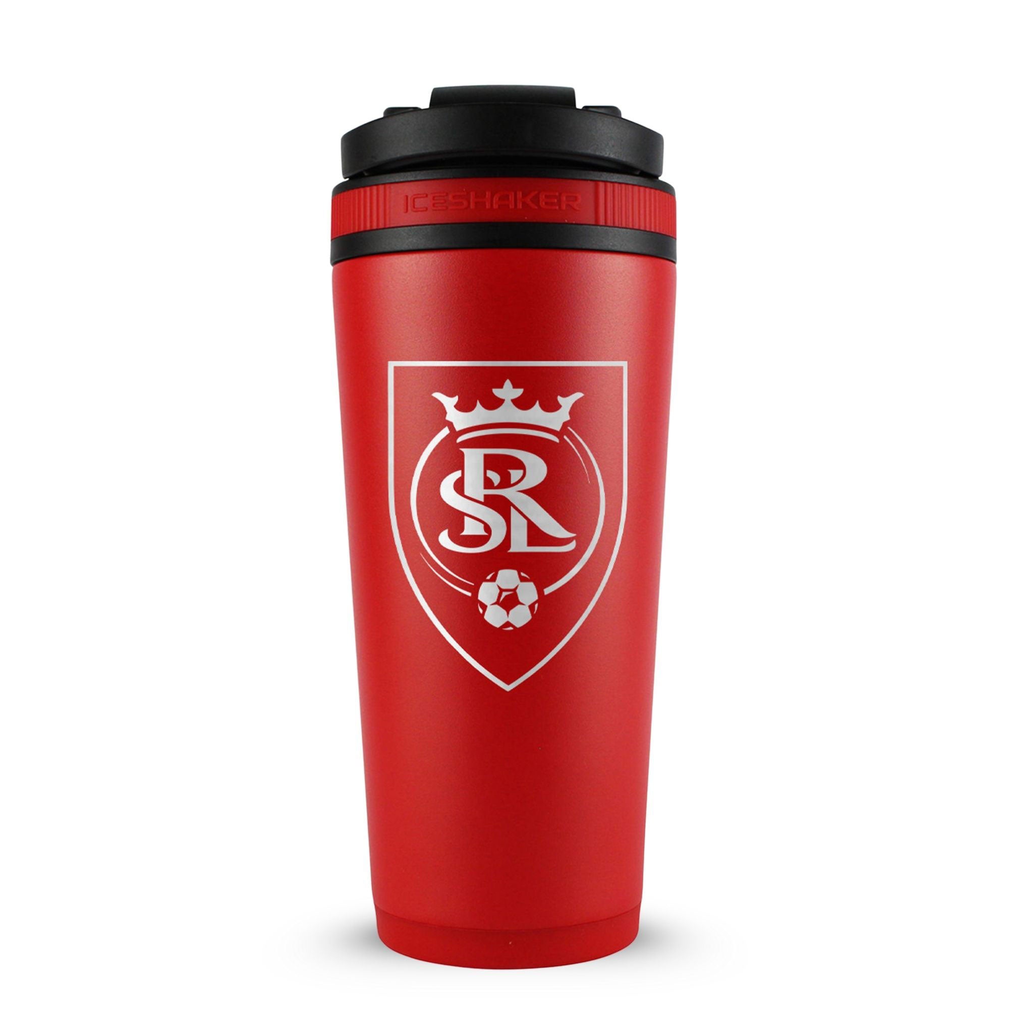 Red 26oz Ice Shaker with the Real Salt Lake logo engraved on the back of it.