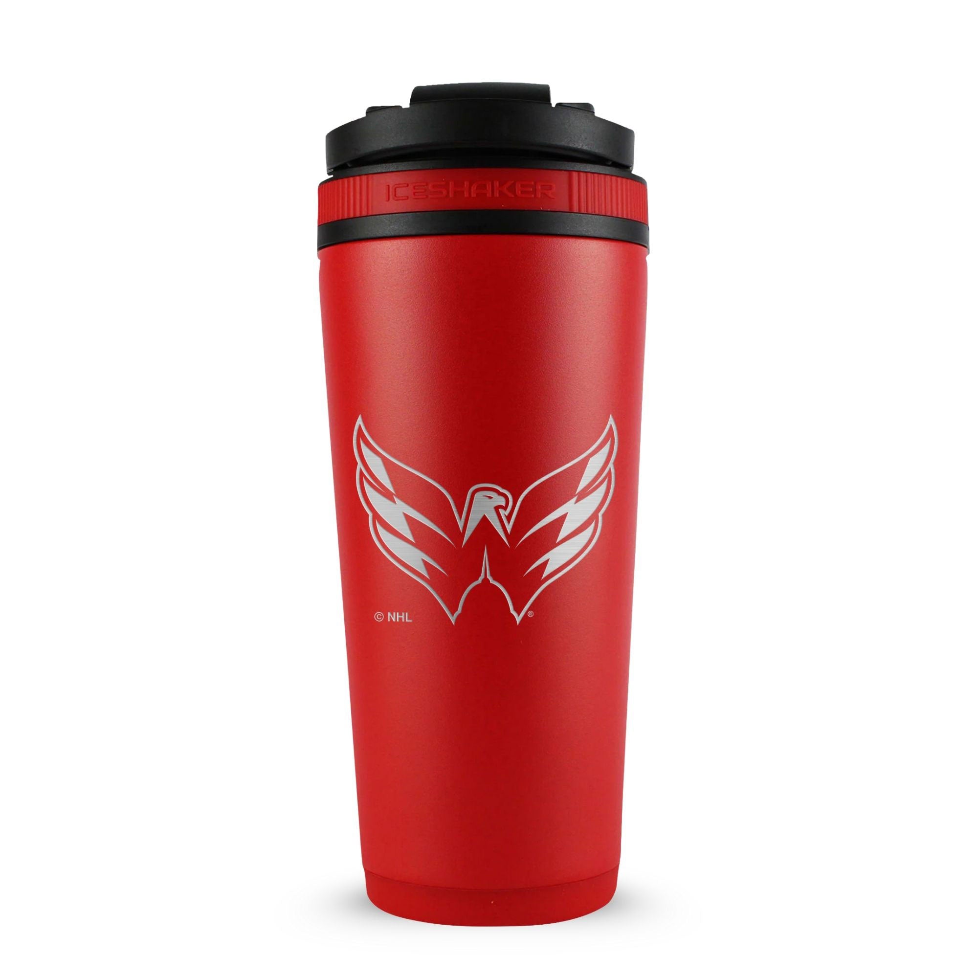 Red 26oz Ice Shaker with the Washington Capitals logo engraved on the back of it.