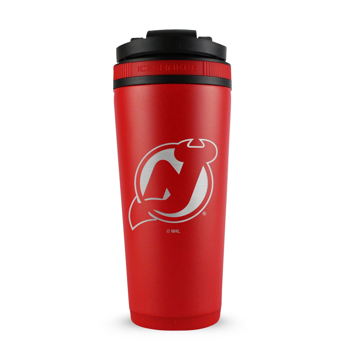 Red 26oz Ice Shaker with the New Jersey Devils logo engraved on the back of it.