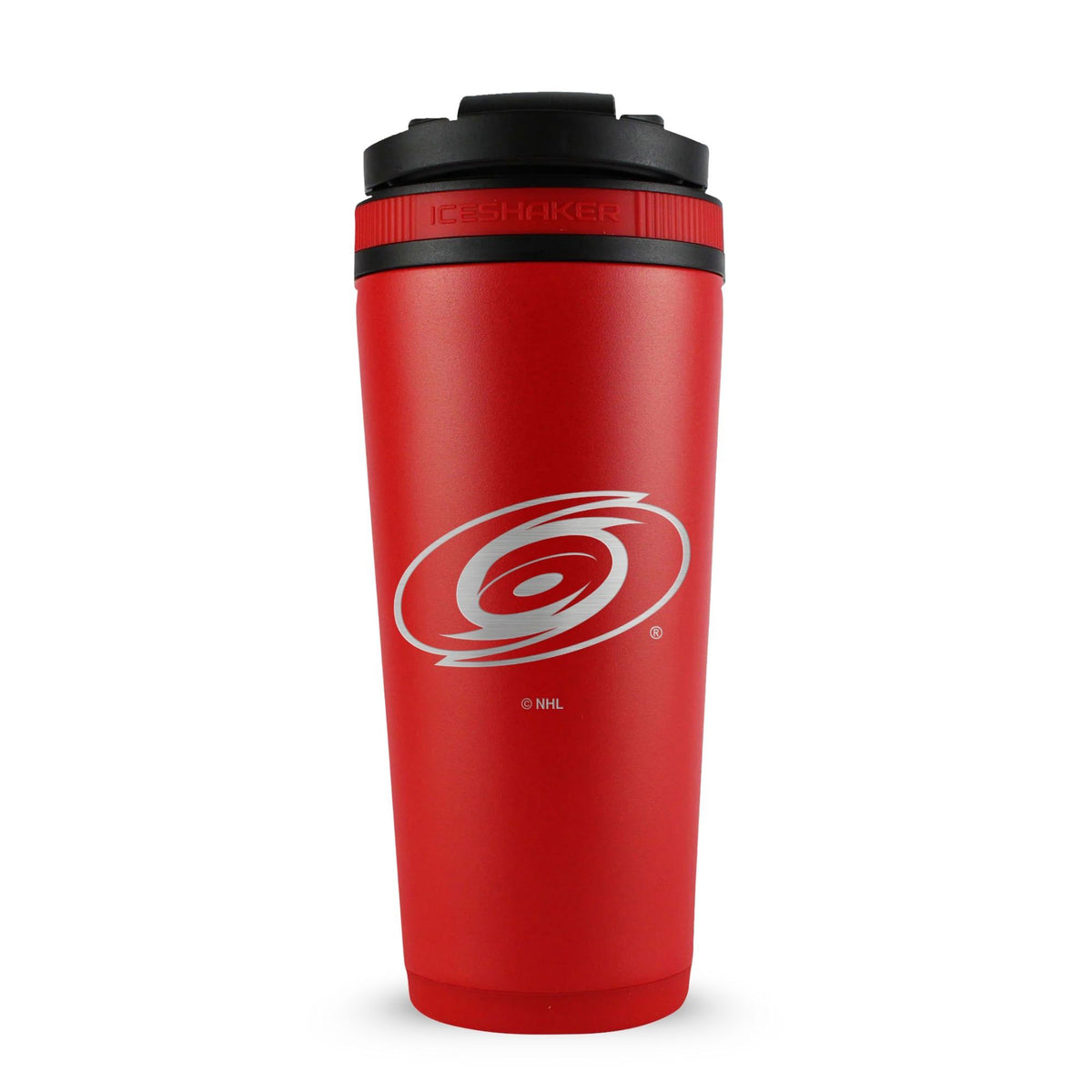 Red 26oz Ice Shaker with the Carolina Hurricanes logo engraved on the back of it.