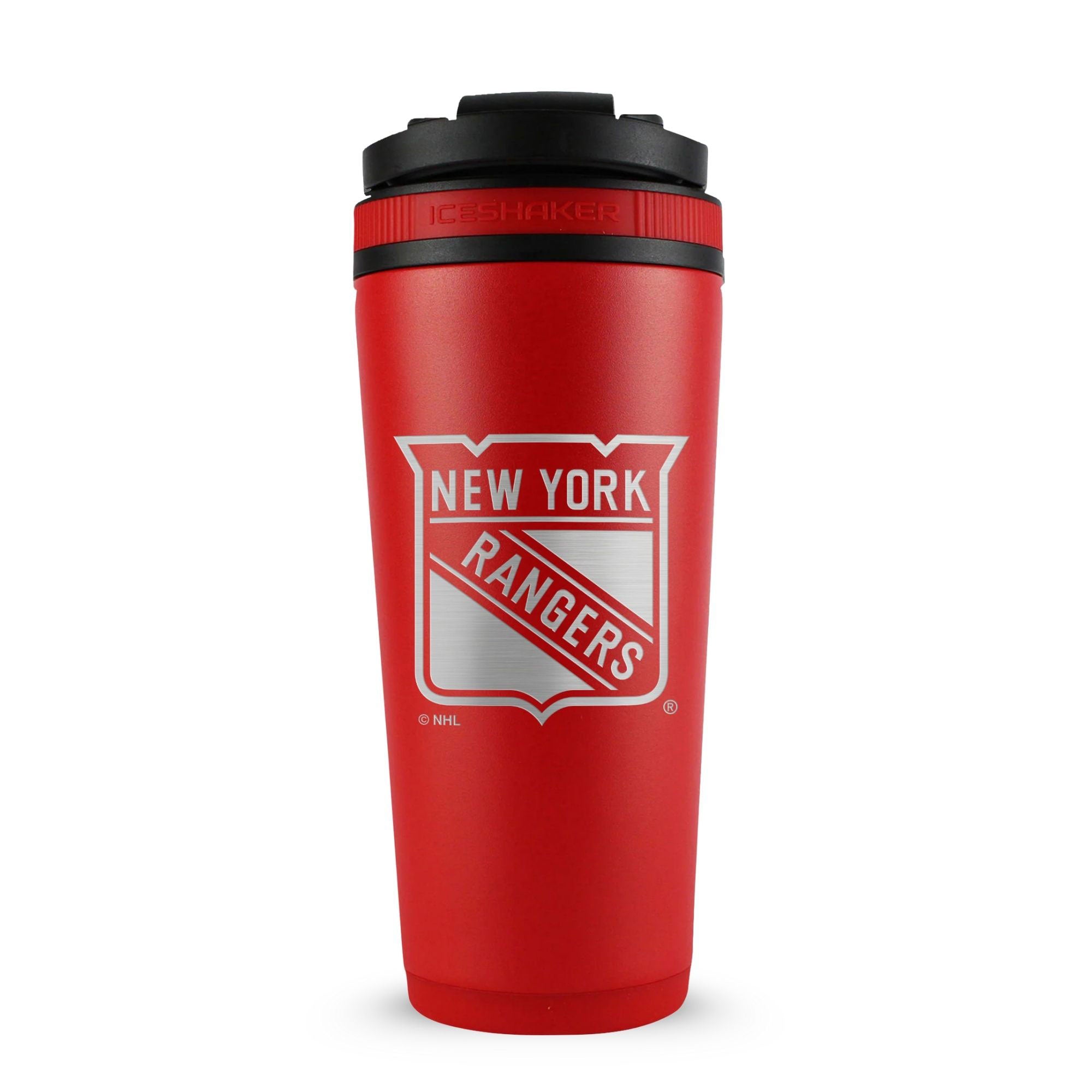 Red 26oz Ice Shaker with the New York Rangers logo engraved on the back of it.
