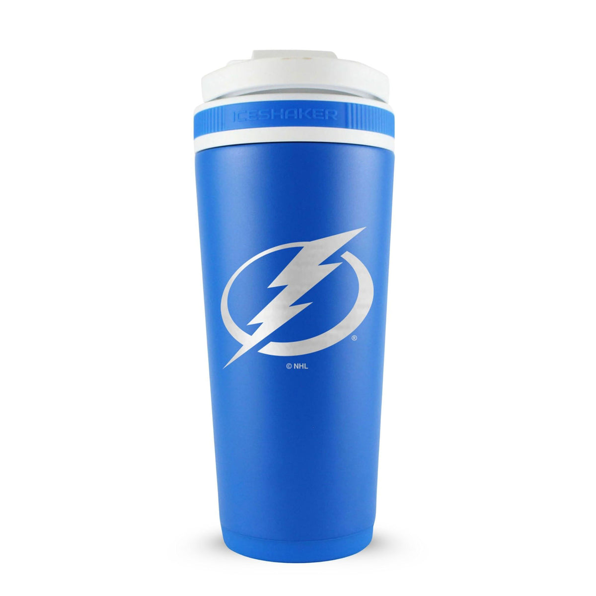 Royal Blue 26oz Ice Shaker with the Tampa Bay Lightning logo engraved on the back of it.