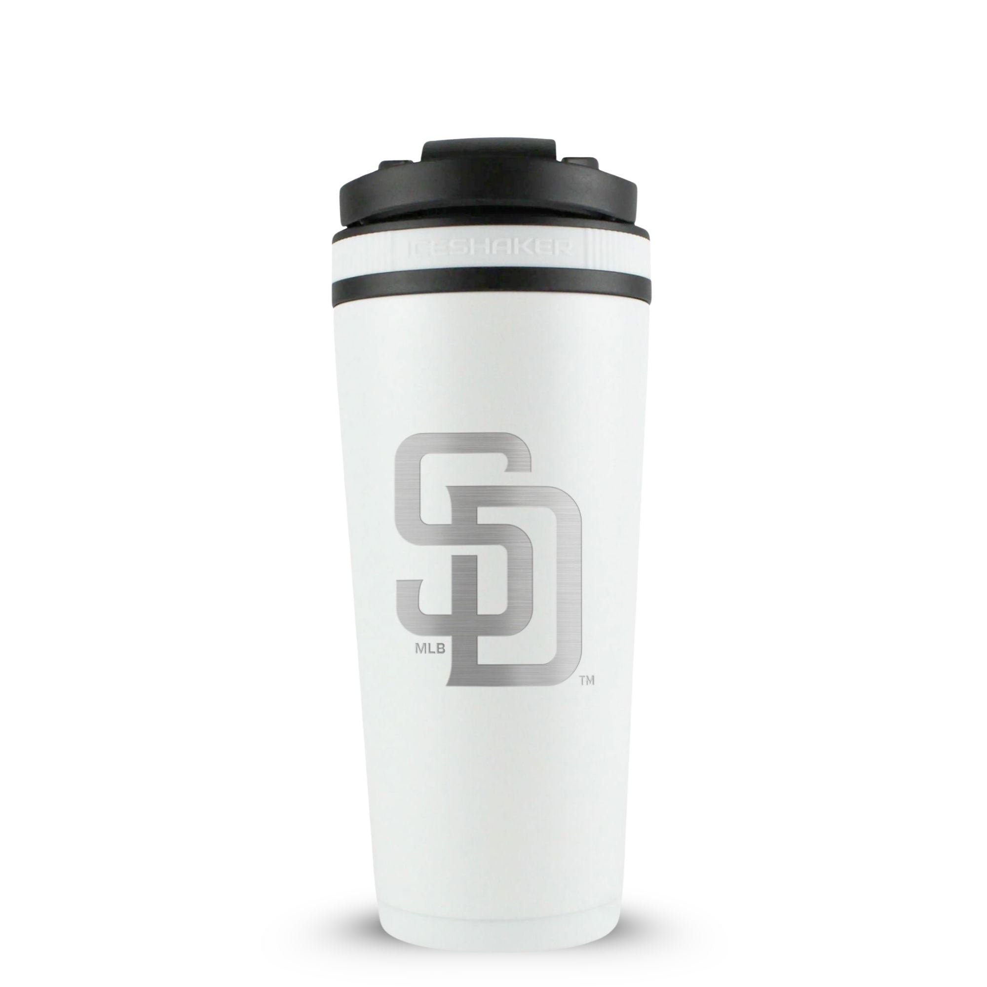 White 26oz Ice Shaker with the San Diego Padres logo engraved on the back of it.