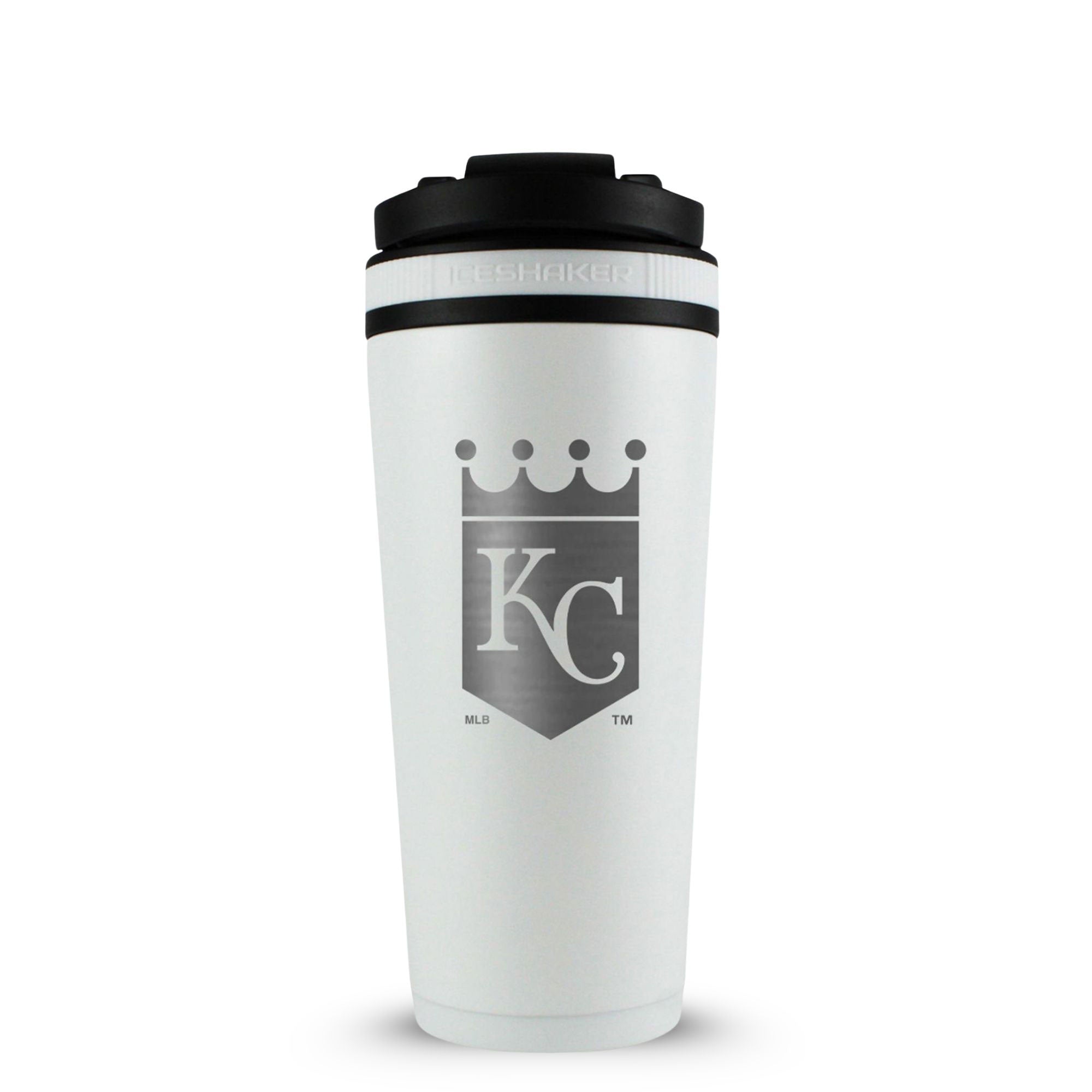 White 26oz Ice Shaker with the Kansas City Royals logo engraved on the back of it