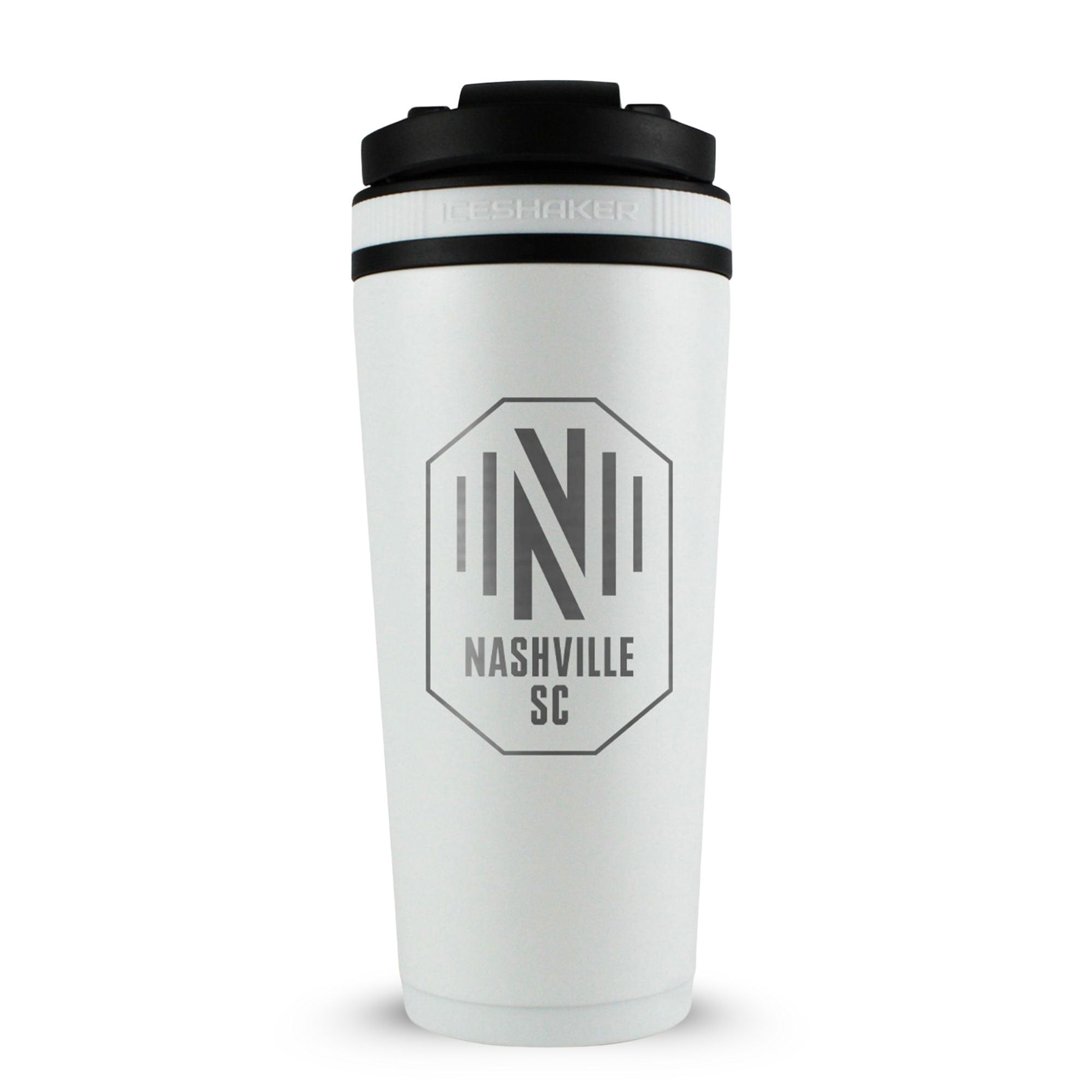 White 26oz Ice Shaker with the Nashville SC logo engraved on the back of it.