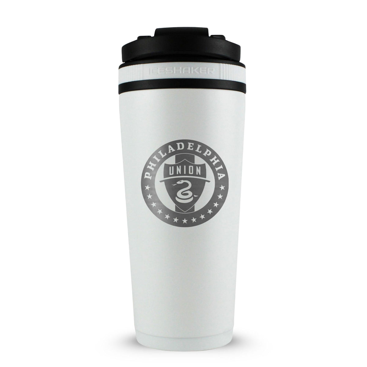 White 26oz Ice Shaker with the Philadelphia Union logo engraved on the back of it.