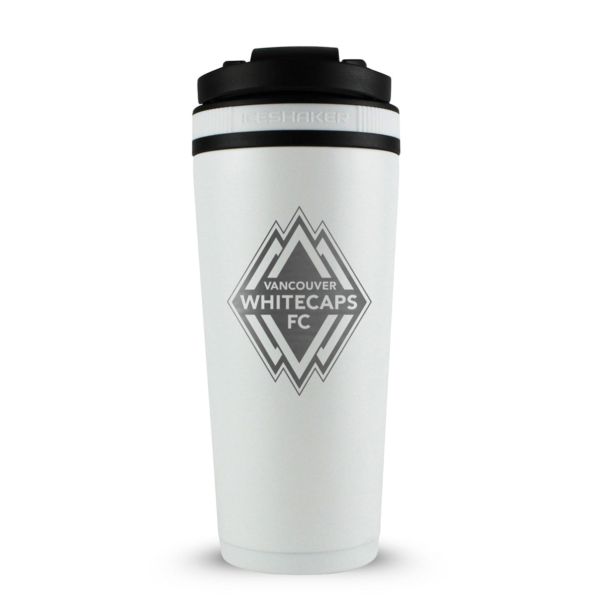 White 26oz Ice Shaker with the Vancouver Whitecaps FC logo engraved on the back of it.
