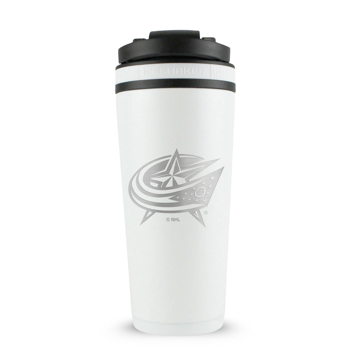 White 26oz Ice Shaker with the Columbus Blue Jackets logo engraved on the back of it.