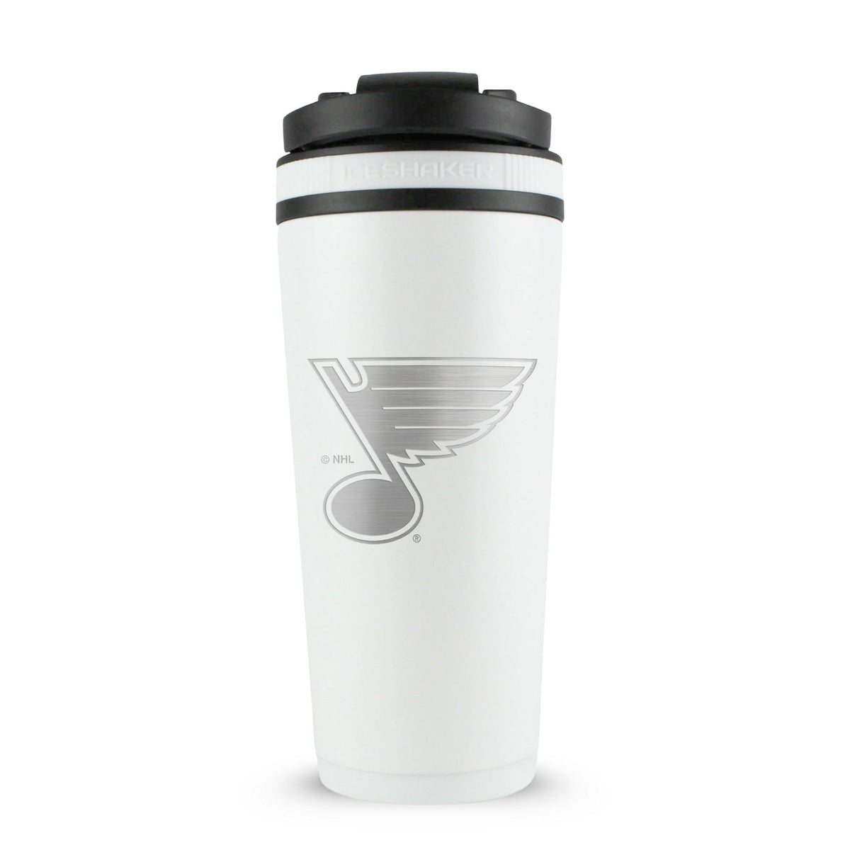 White 26oz Ice Shaker with the St. Louis Blues logo engraved on the back of it