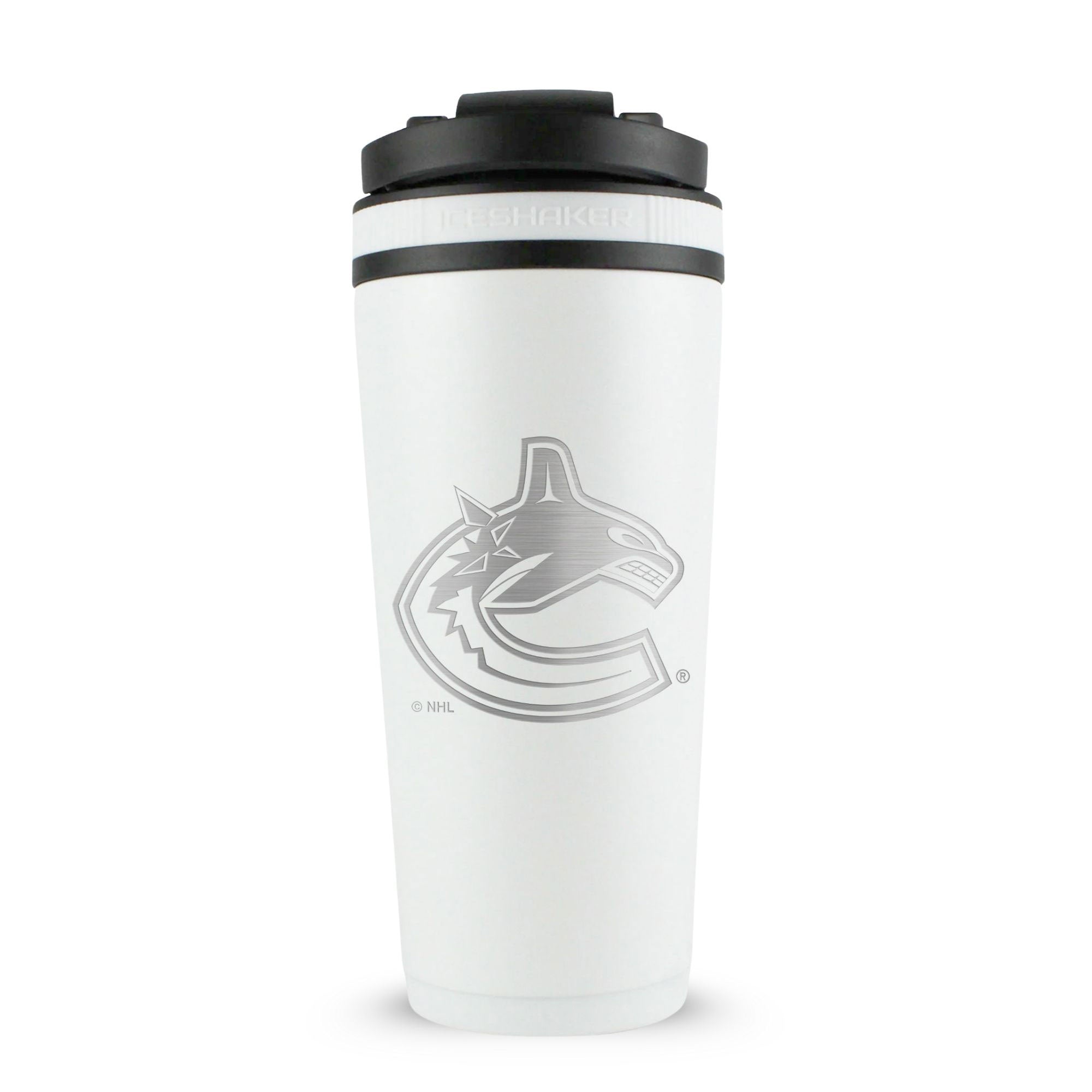 White 26oz Ice Shaker with the Vancouver Canucks logo engraved on the back of it.