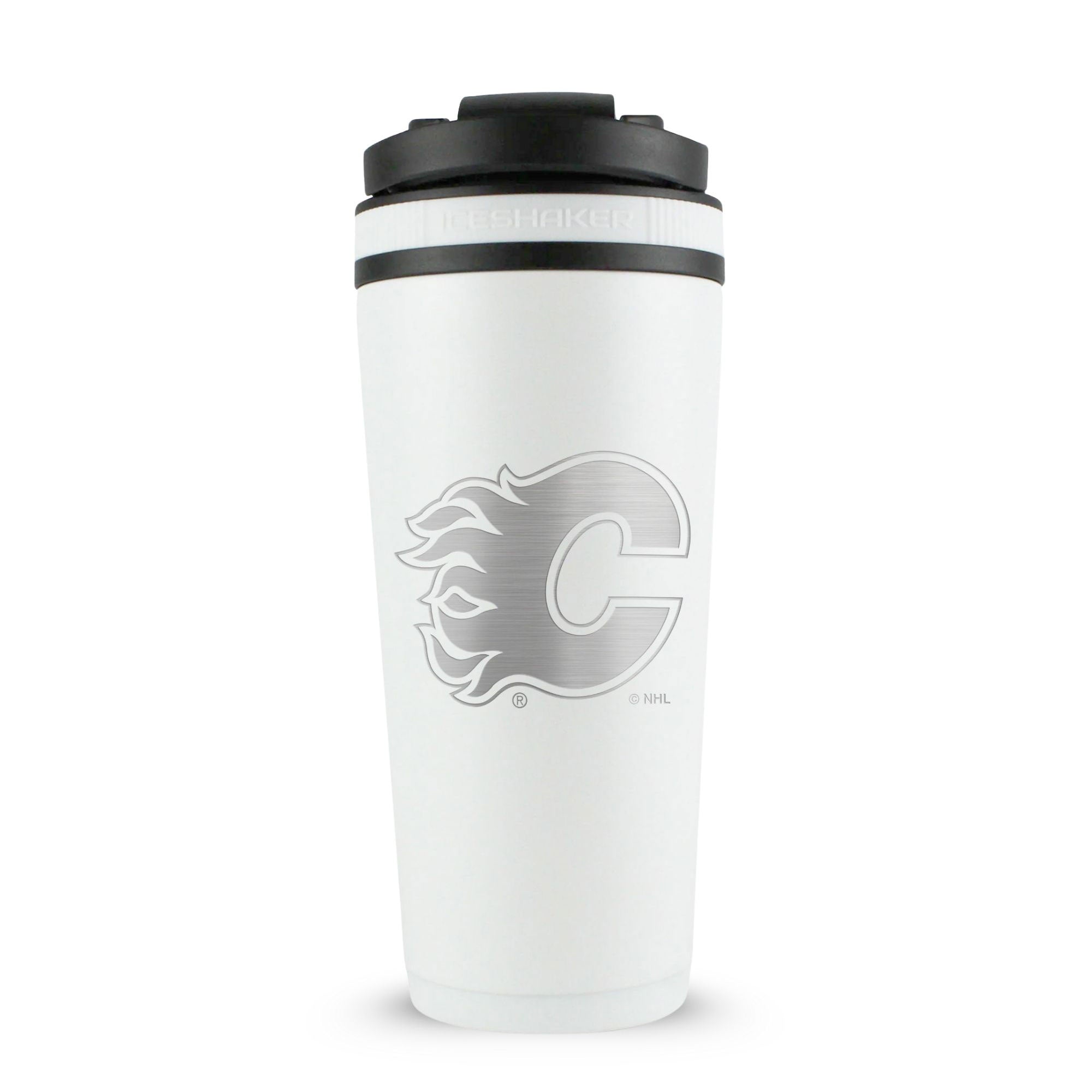 White 26oz Ice Shaker with the Calgary Flames logo engraved on the back of it.