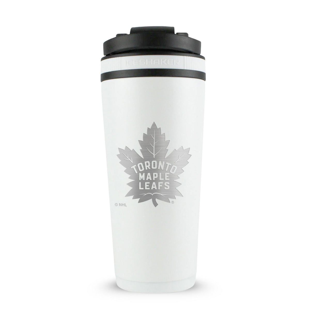 White 26oz Ice Shaker with the Toronto Maple Leafs logo engraved on the back of it.