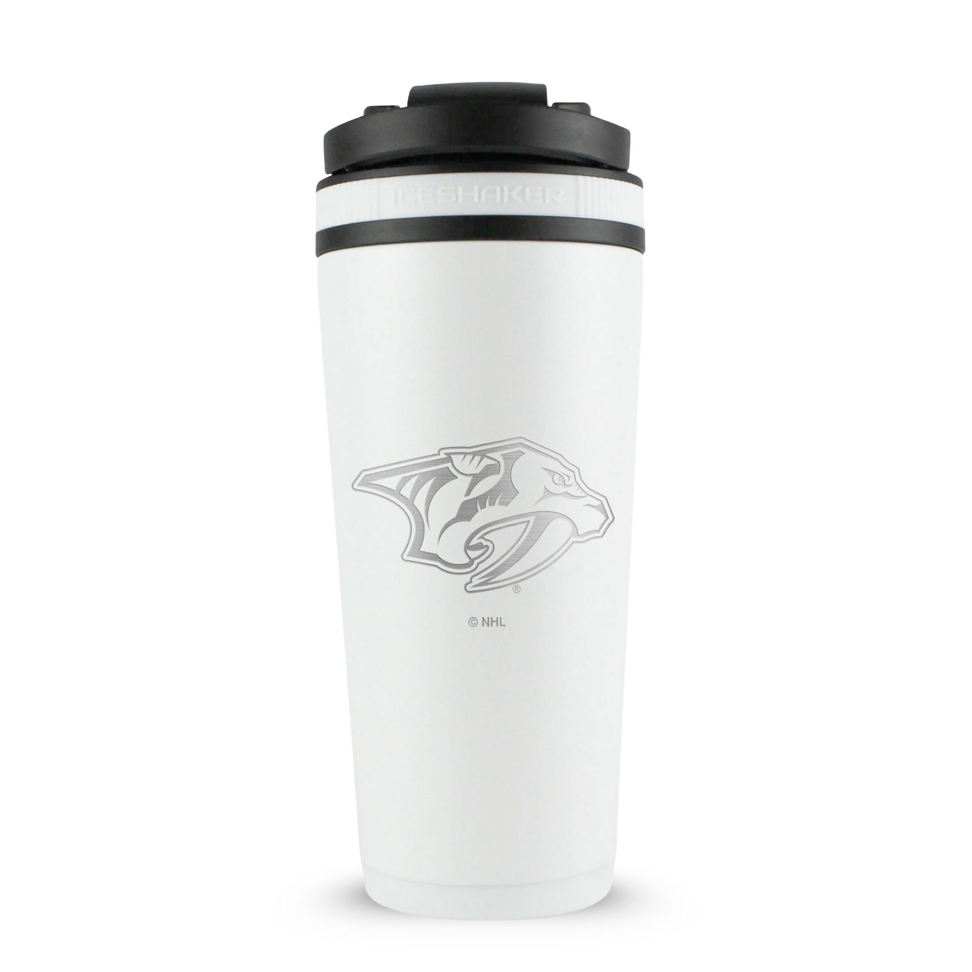 White 26oz Ice Shaker with the Nashville Predators logo engraved on the back of it.