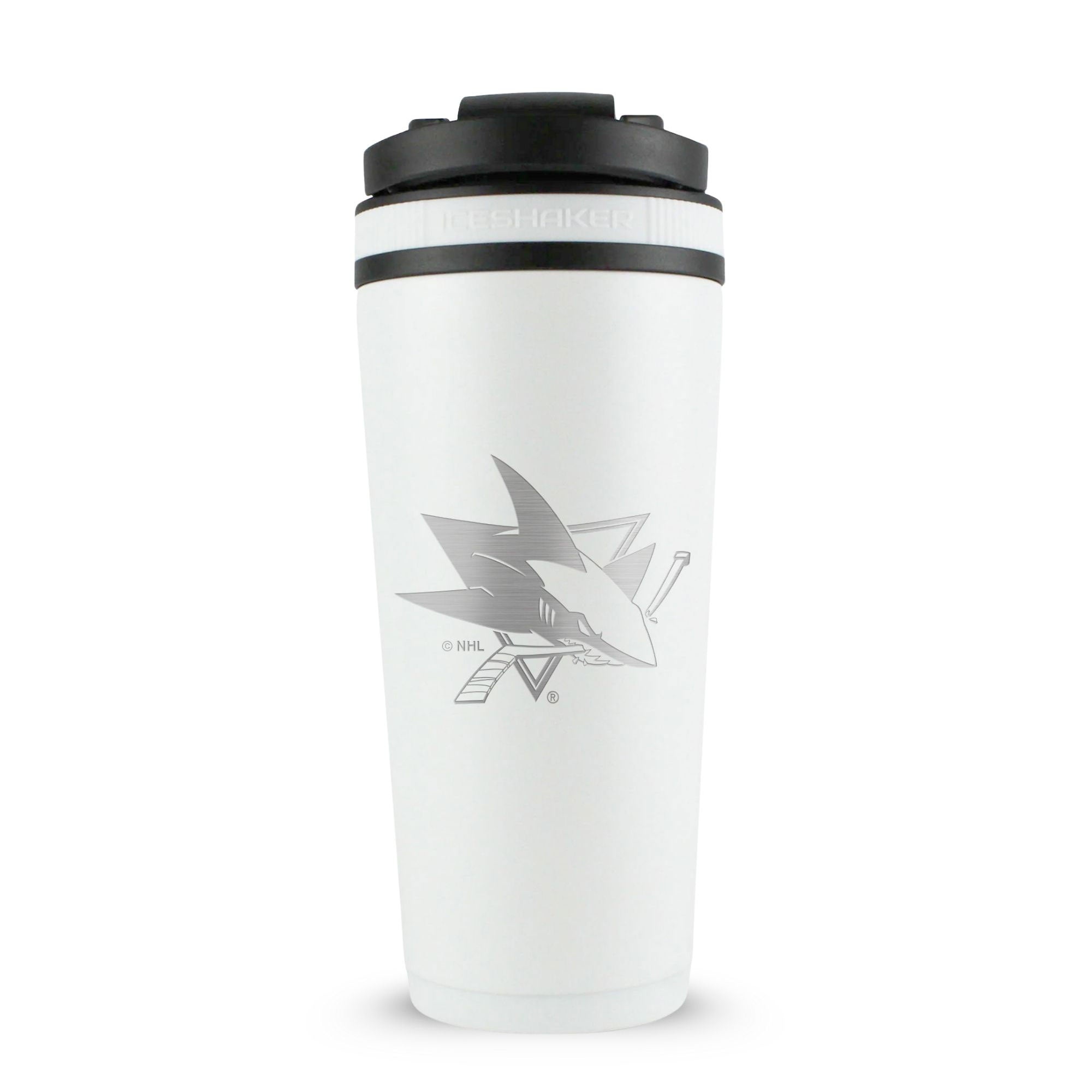 White 26oz Ice Shaker with the San Jose Sharks logo engraved on the back of it.