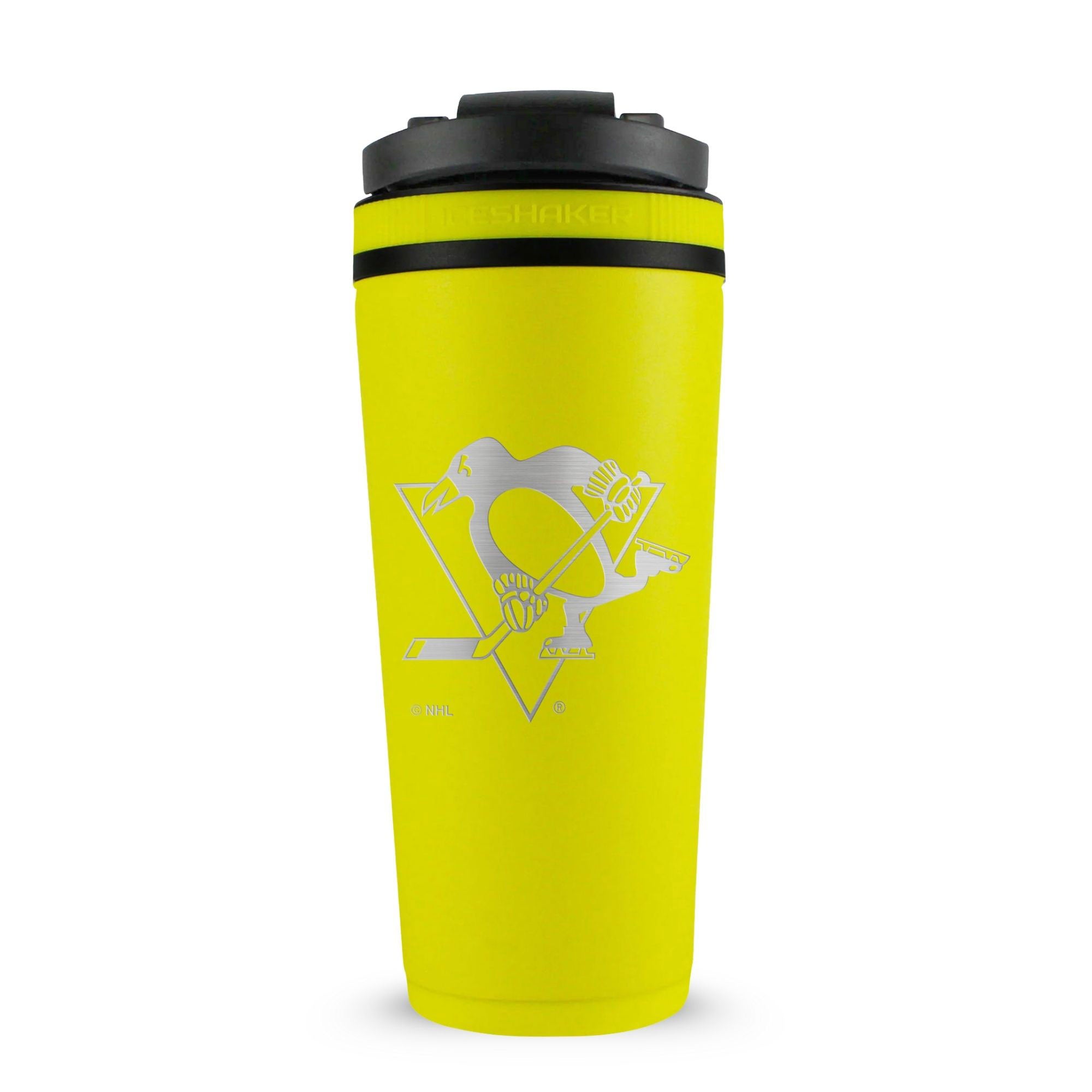 Yellow 26oz Ice Shaker with the Pittsburgh Penguins logo engraved on the back of it.