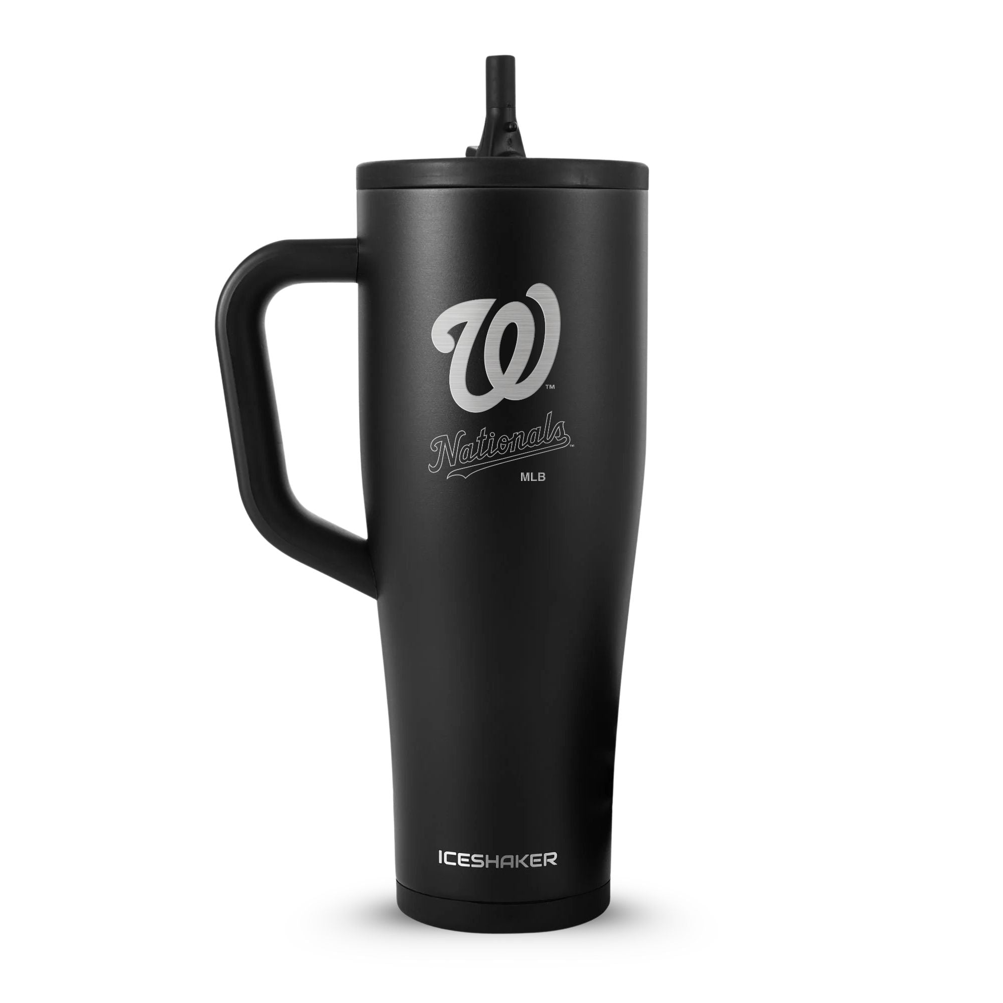 Black 40oz Legend Series Ice shaker with the Washington Nationals team logo engraved on the front of it.