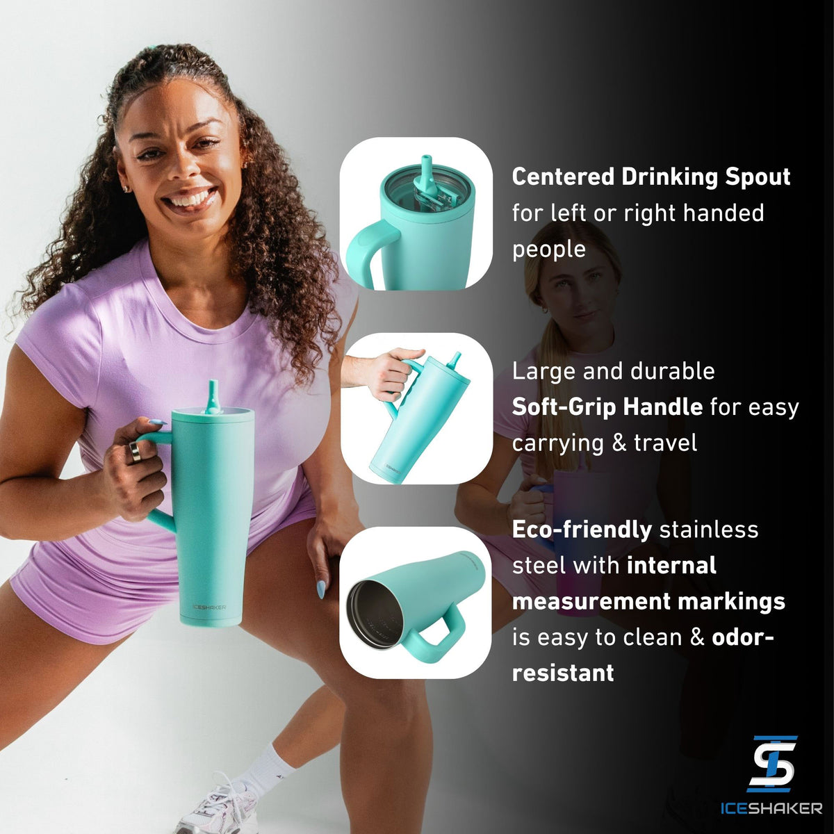 Woman holding a the Mint Legend Tumbler with product features highlighted on a gray background. Product features include: centered silicone drinking spout, a large and durable soft-grip handle, and made from odor-resistant stainless-steel.