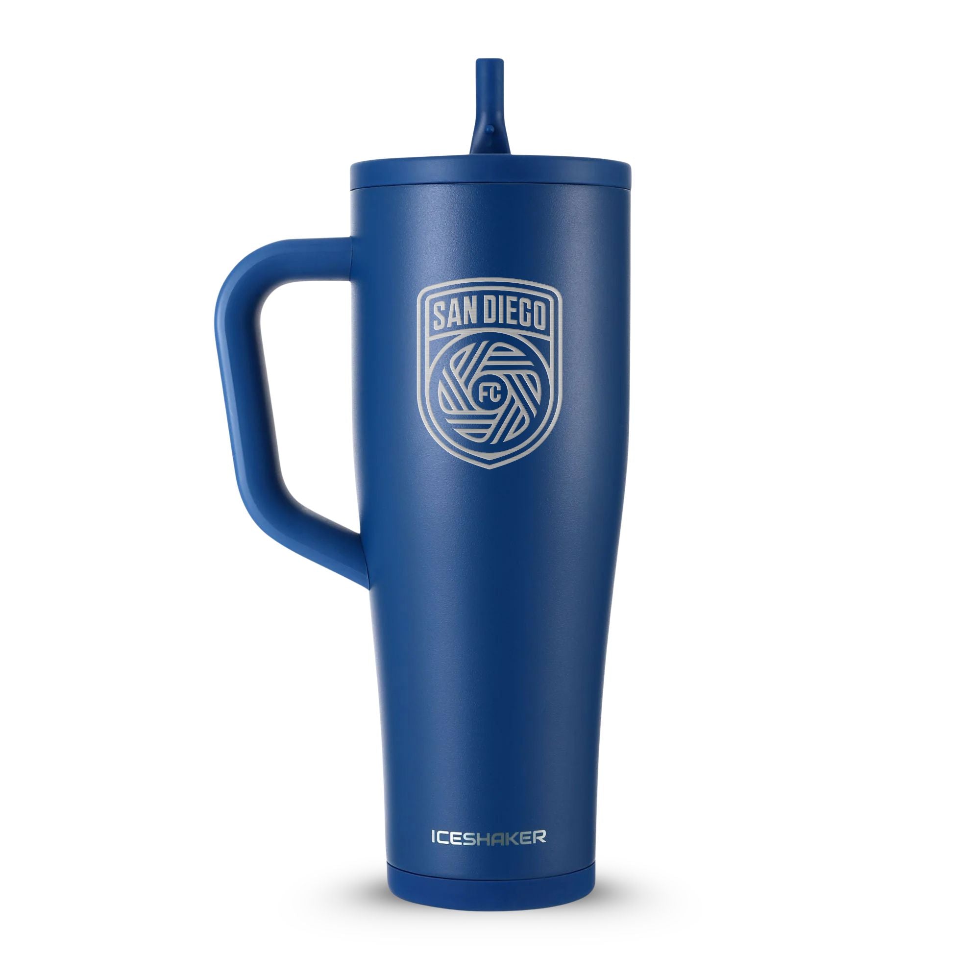 Navy 40oz Legend Series Shaker Tumbler with the San Diego FC logo engraved on the front of it.