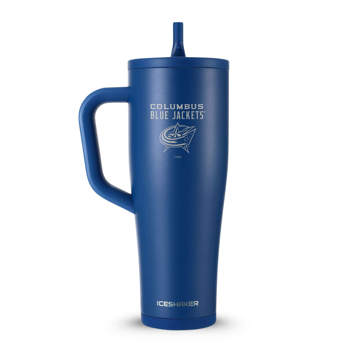 Navy 40oz Legend Series Shaker Tumbler with the Columbus Blue Jackets logo engraved on the front of it.